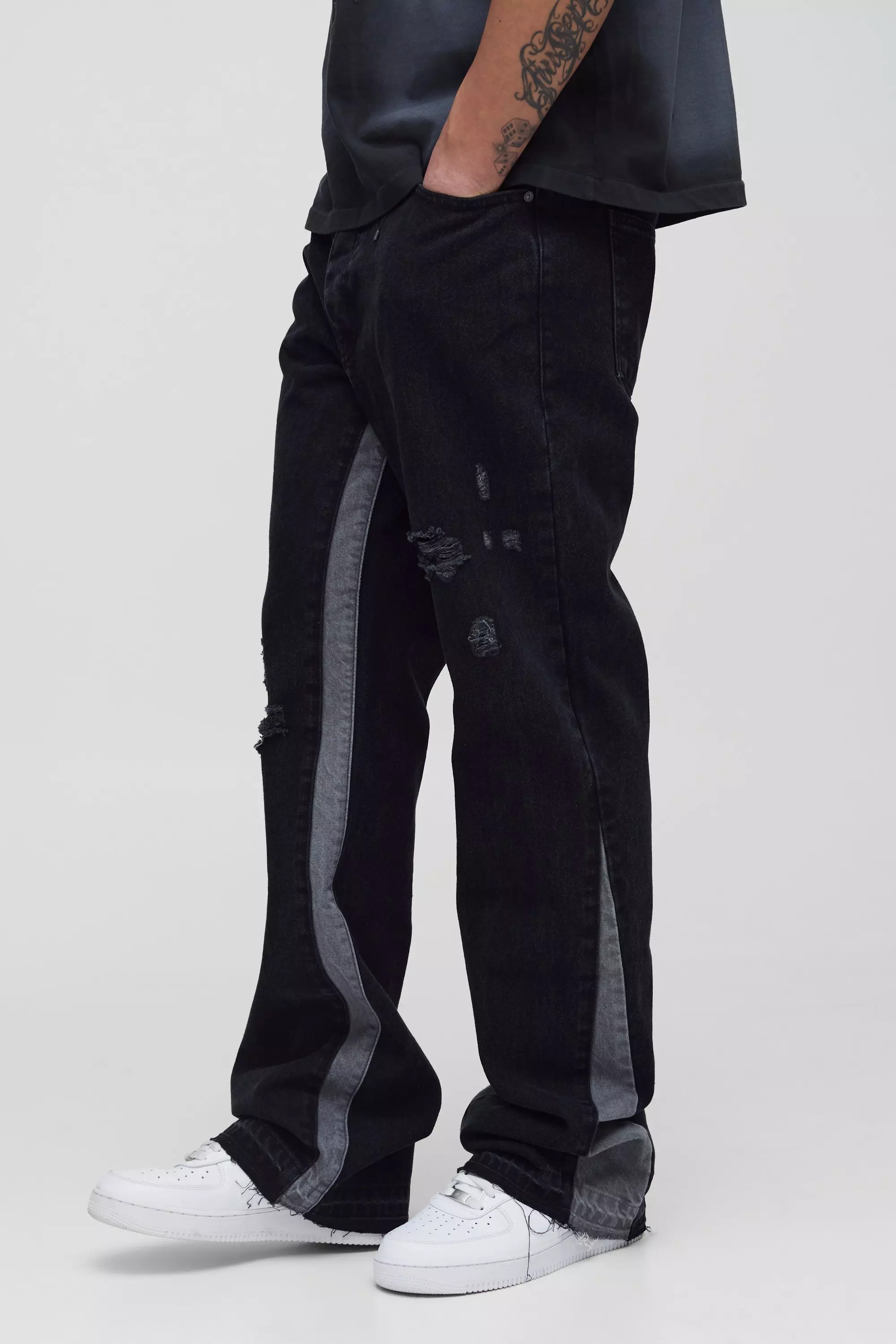Tall Slim Flare Distressed Gusset Panel Jeans | boohooMAN USA