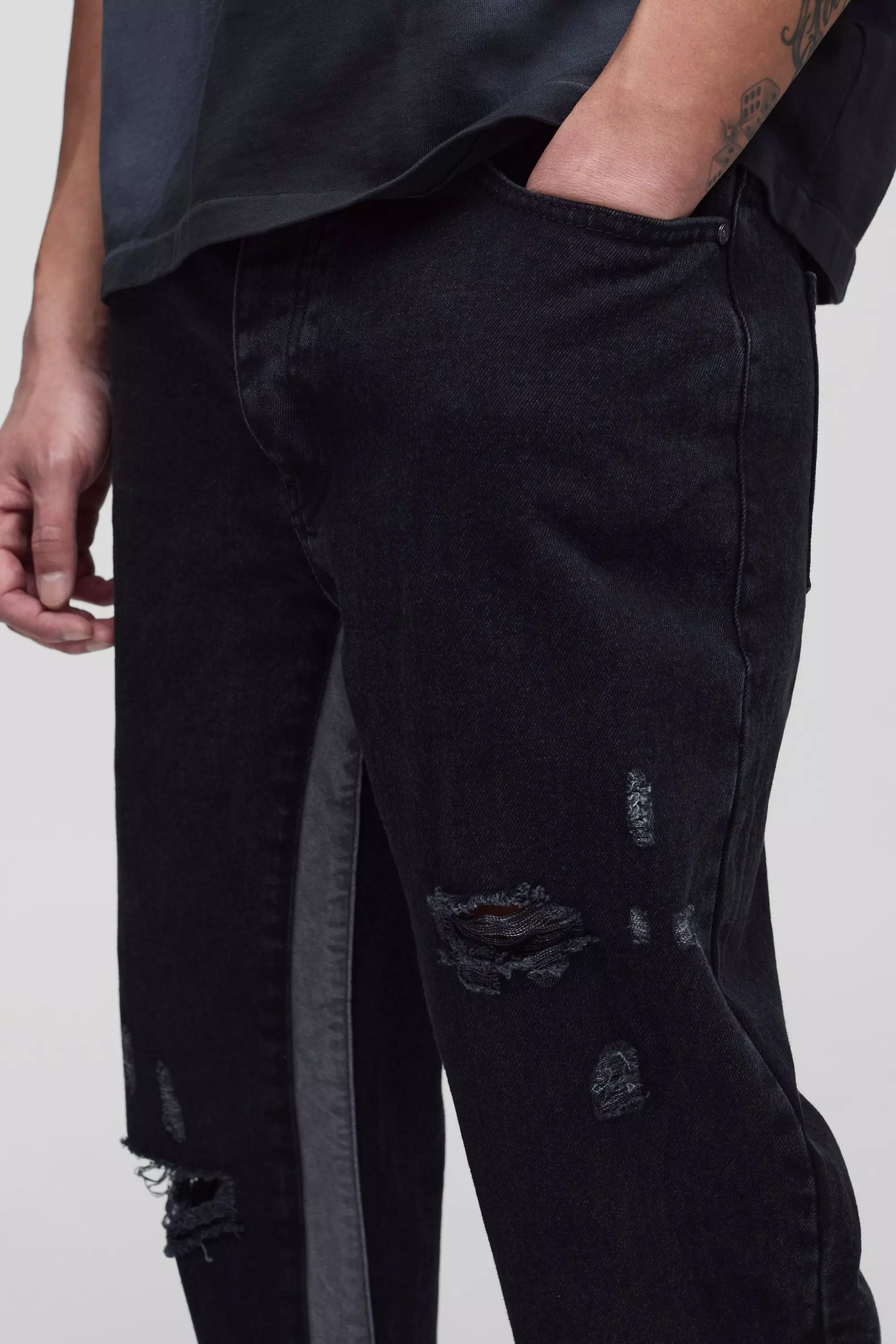 Tall Slim Flare Distressed Gusset Panel Jeans | boohooMAN USA
