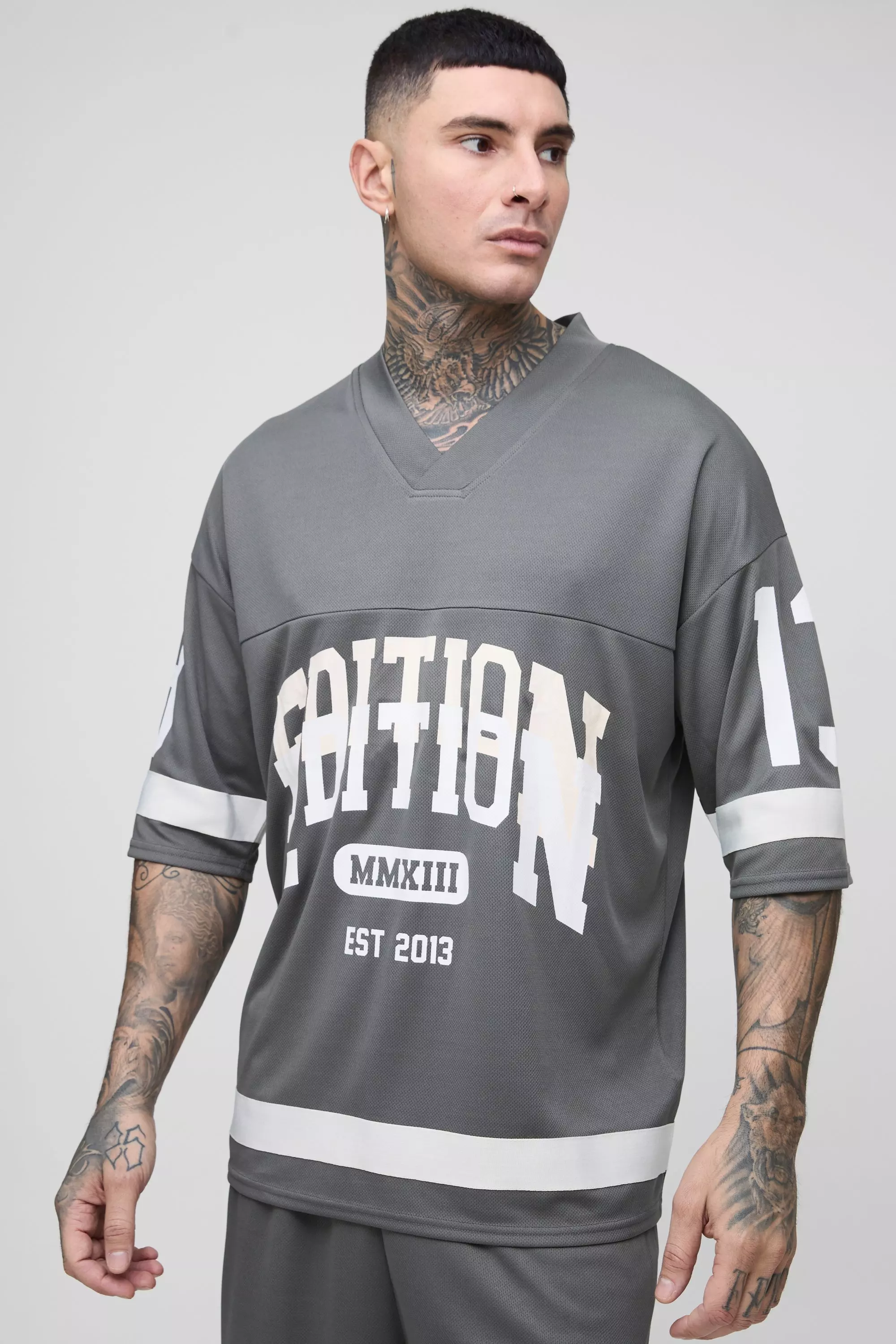Tall - T-shirt universitaire à col V en mesh, Charcoal autre image