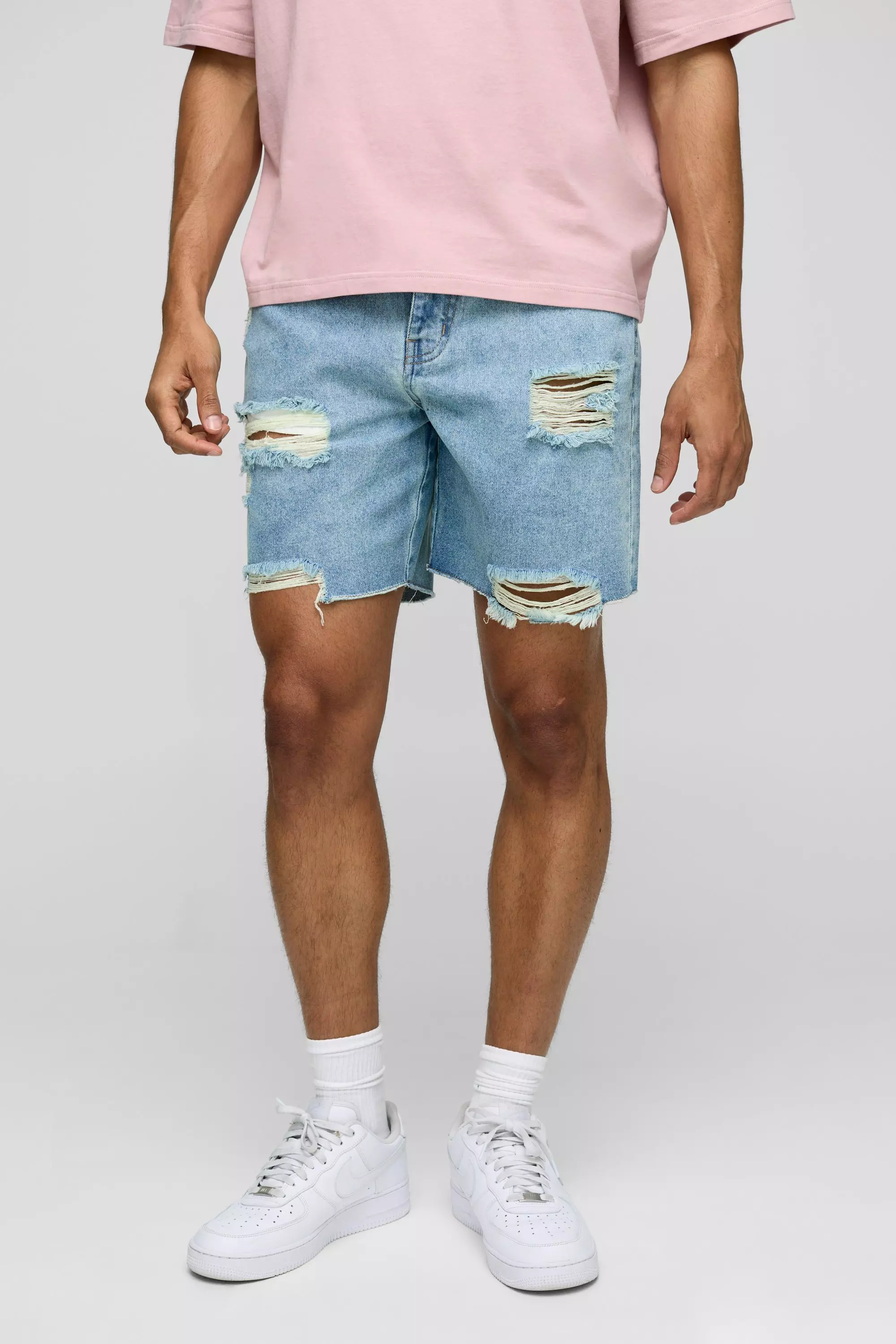 Relaxed Fit Mid Length Ripped Denim Shorts | boohooMAN USA