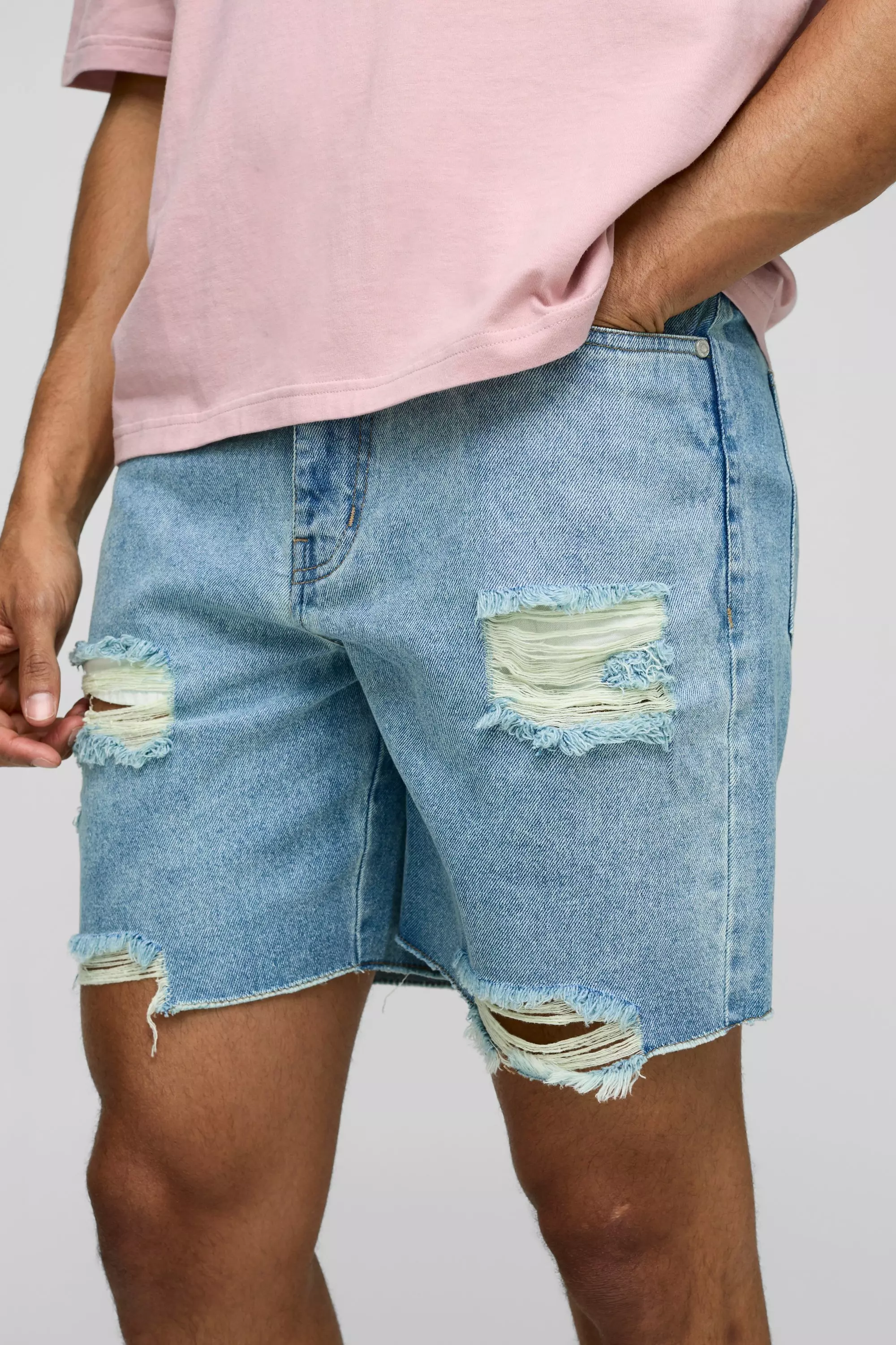 Relaxed Fit Mid Length Ripped Denim Shorts | boohooMAN USA
