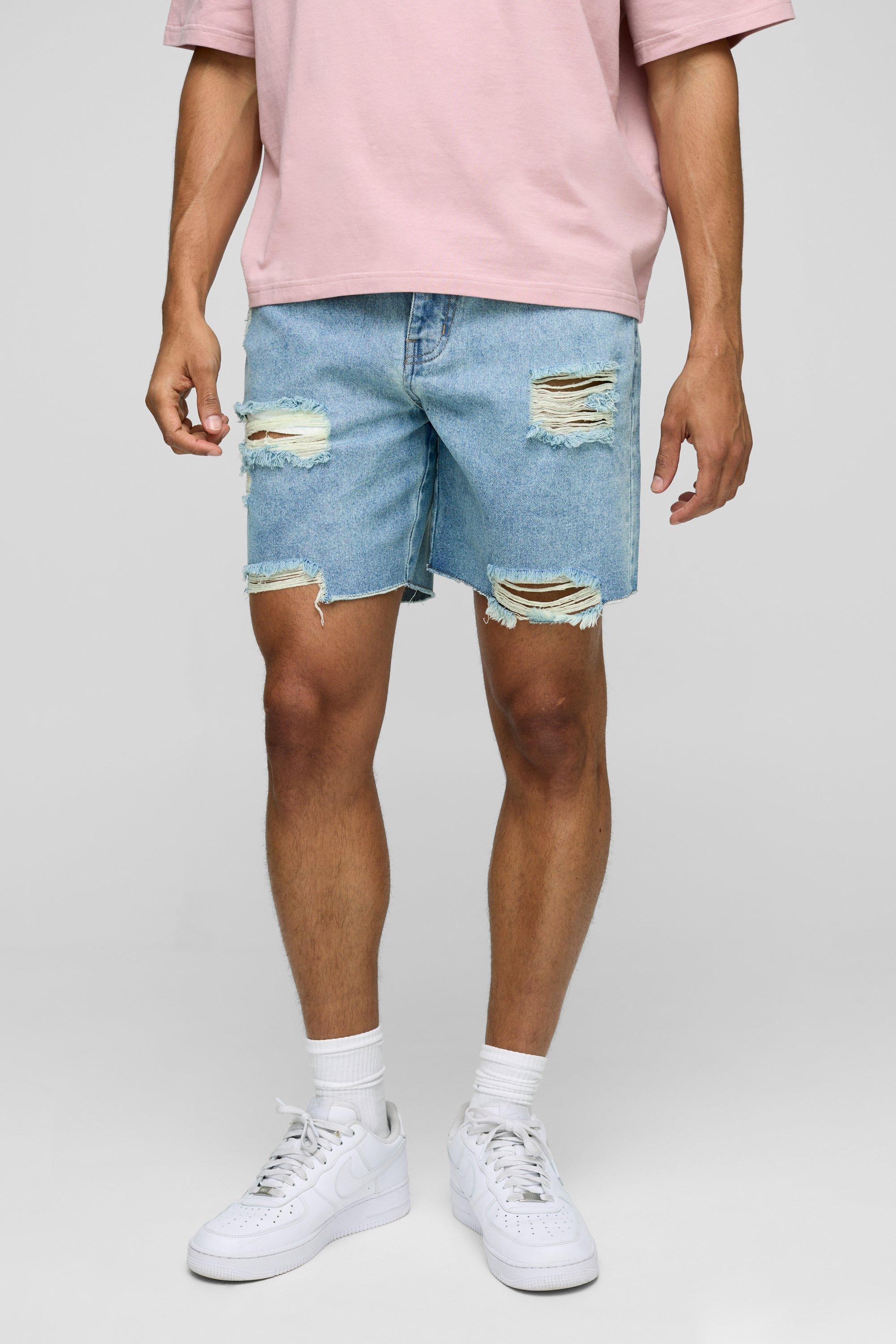 Relaxed Fit Mid Length Ripped Denim Shorts | boohooMAN USA