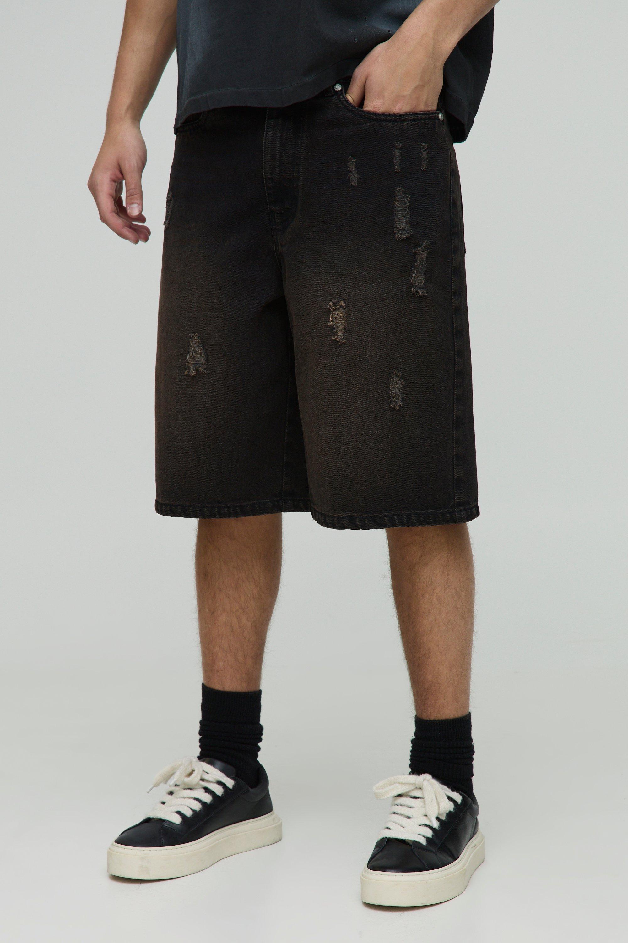 Regular Brown Washed Ripped Denim Jorts | boohooMAN USA