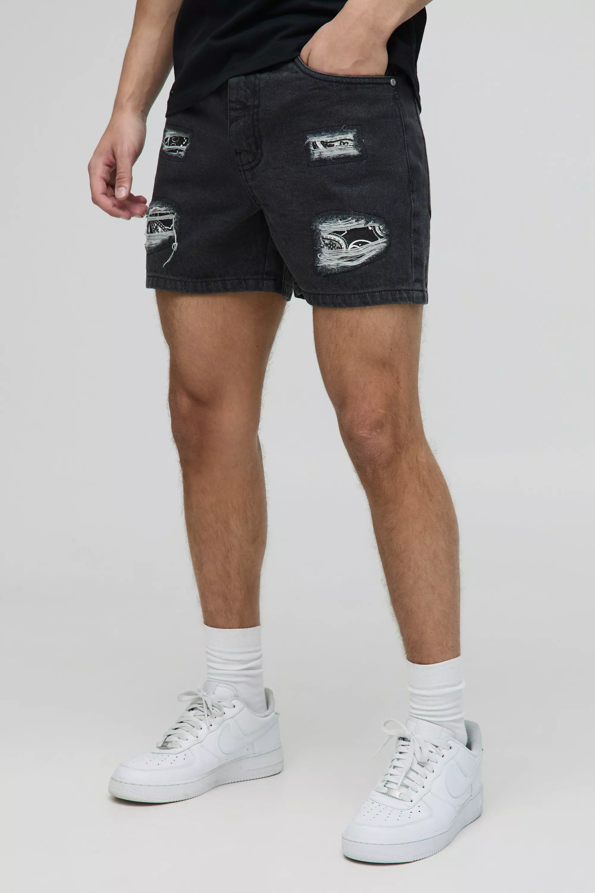 Washed black Slim Rigid Bandana Rip & Repair Paint Splatter Denim Shorts alternative image