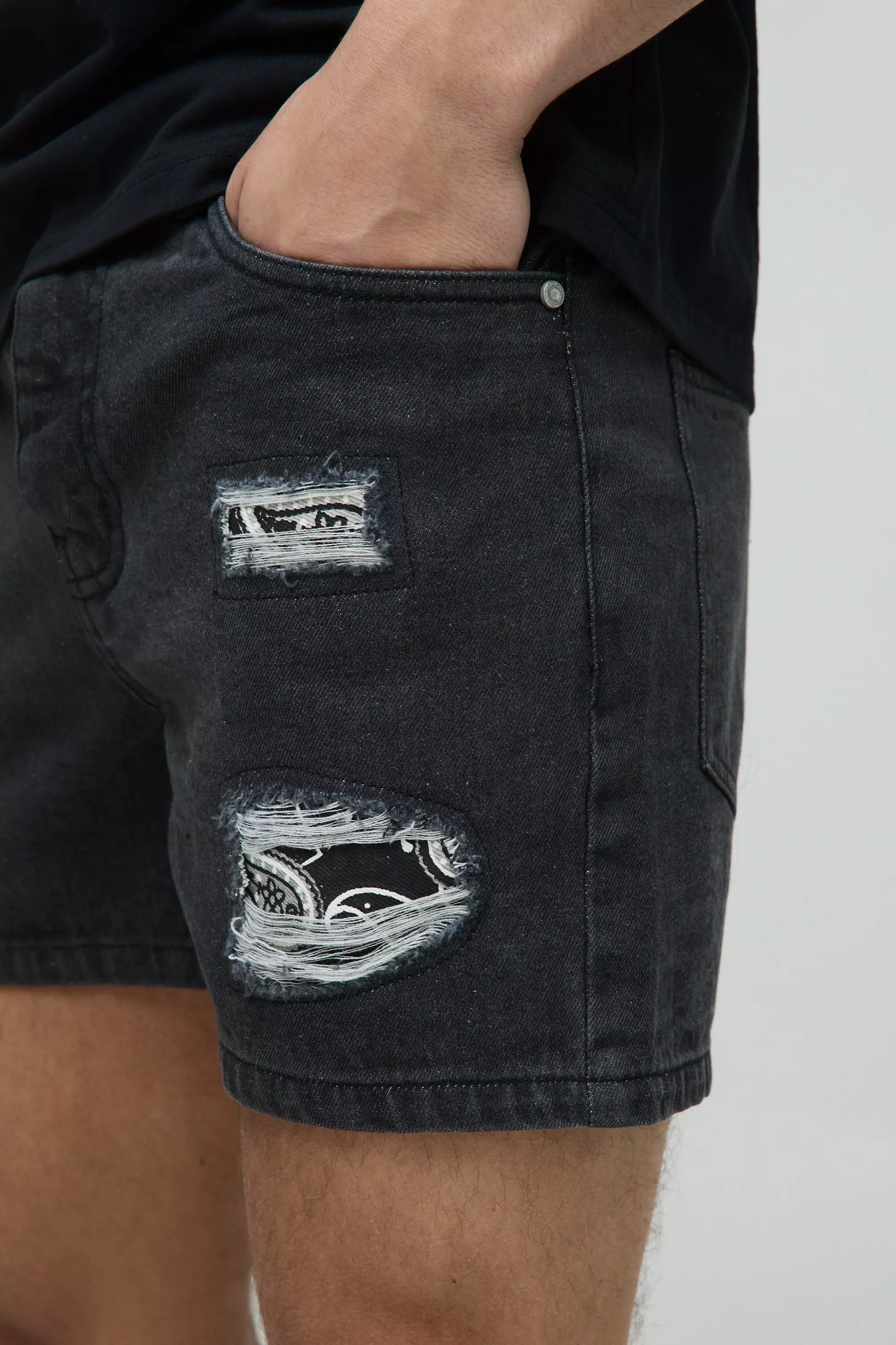 Washed black Slim Rigid Bandana Rip & Repair Paint Splatter Denim Shorts alternative image