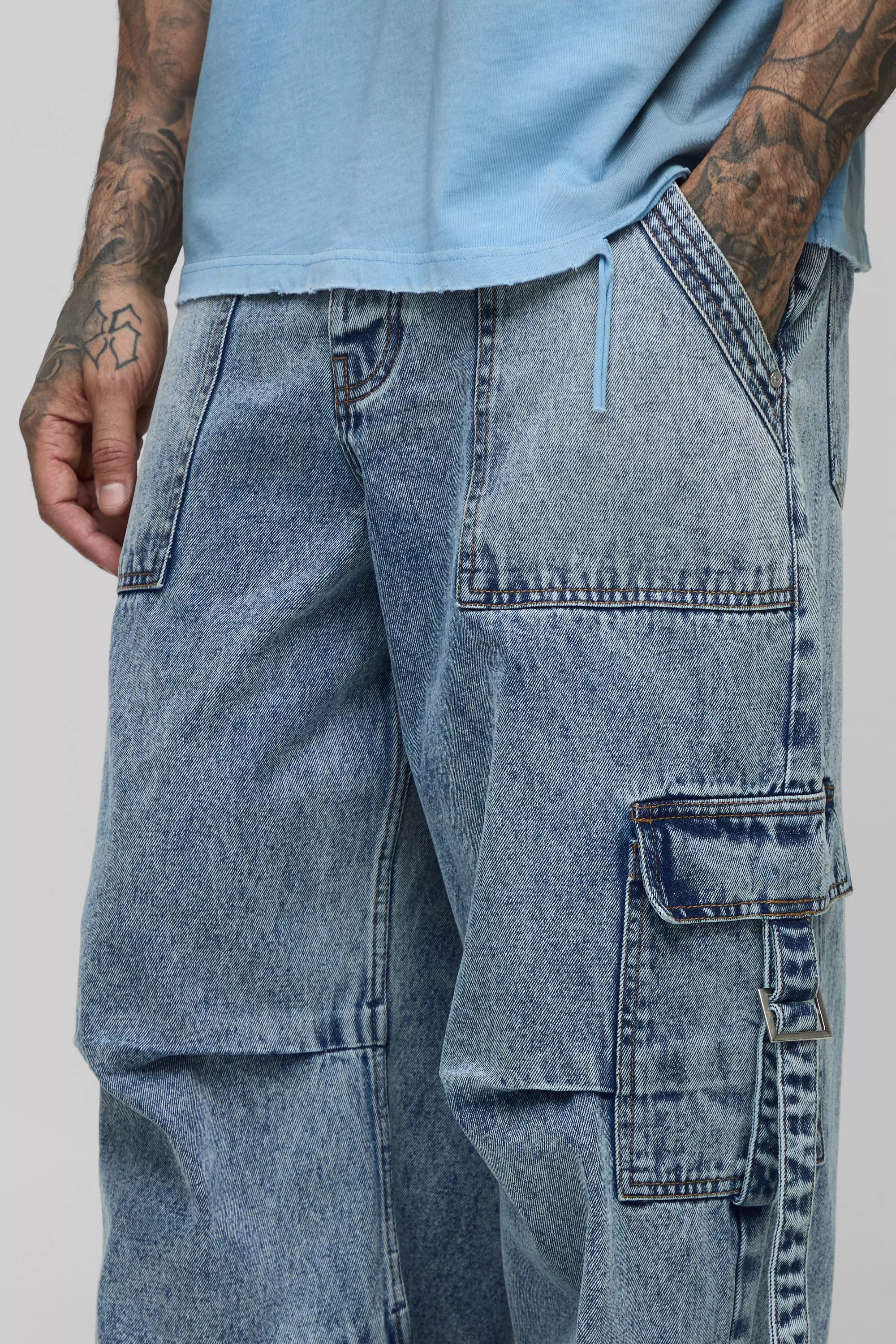 Tall Pleat Parachute Cargo Jeans | boohooMAN USA