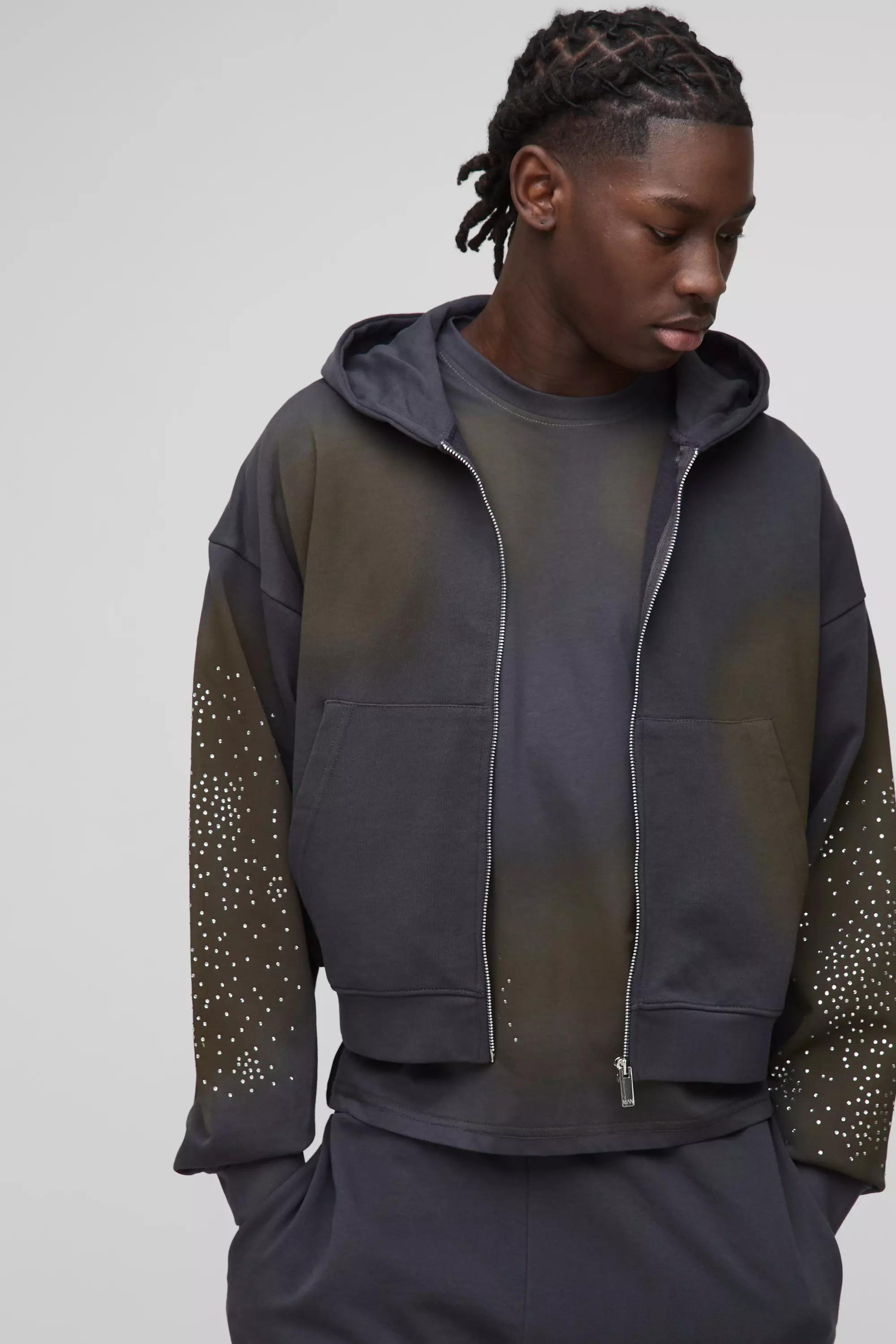 Sweat à capuche zippé délavé à strass, Charcoal autre image
