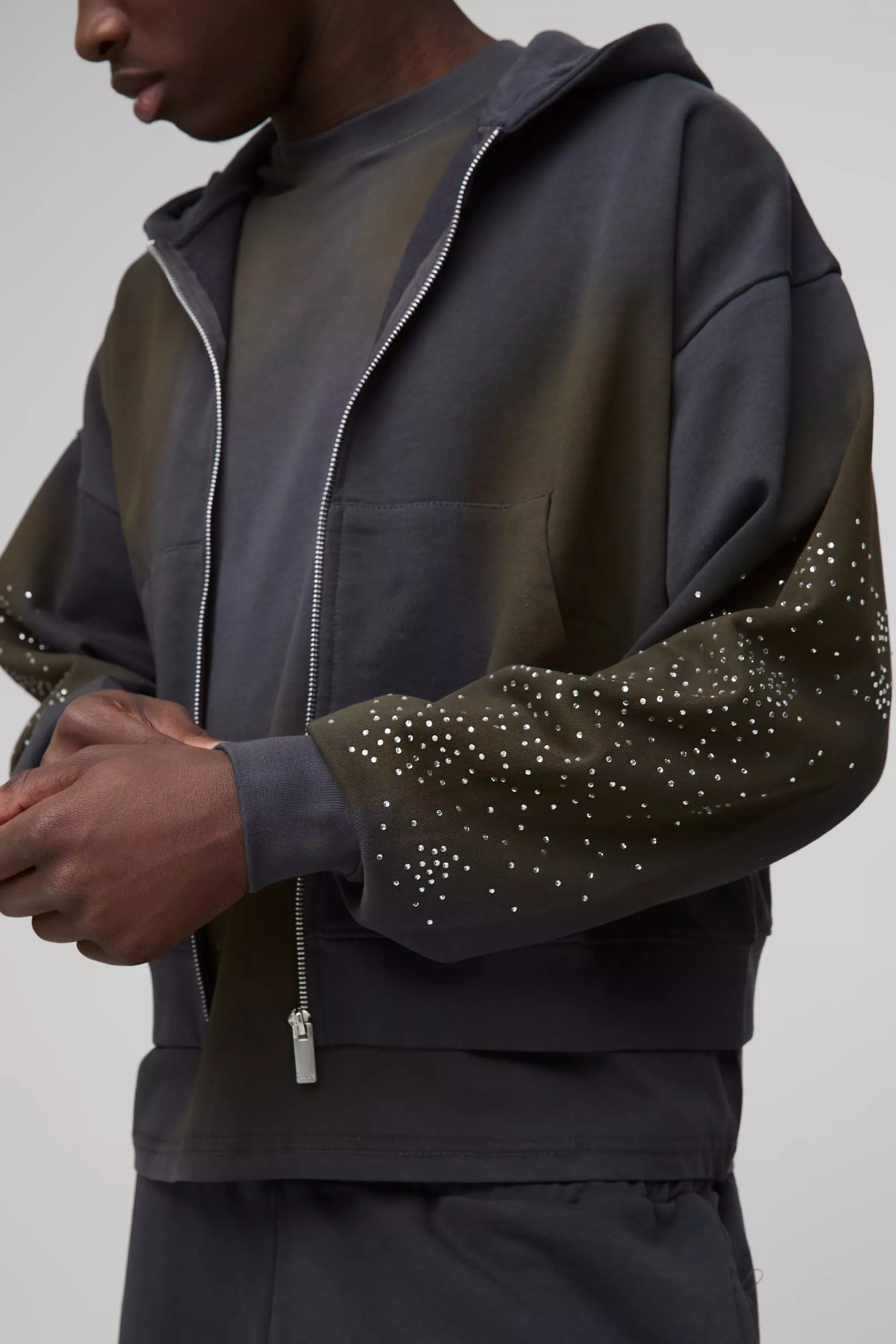 Sweat à capuche zippé délavé à strass, Charcoal autre image
