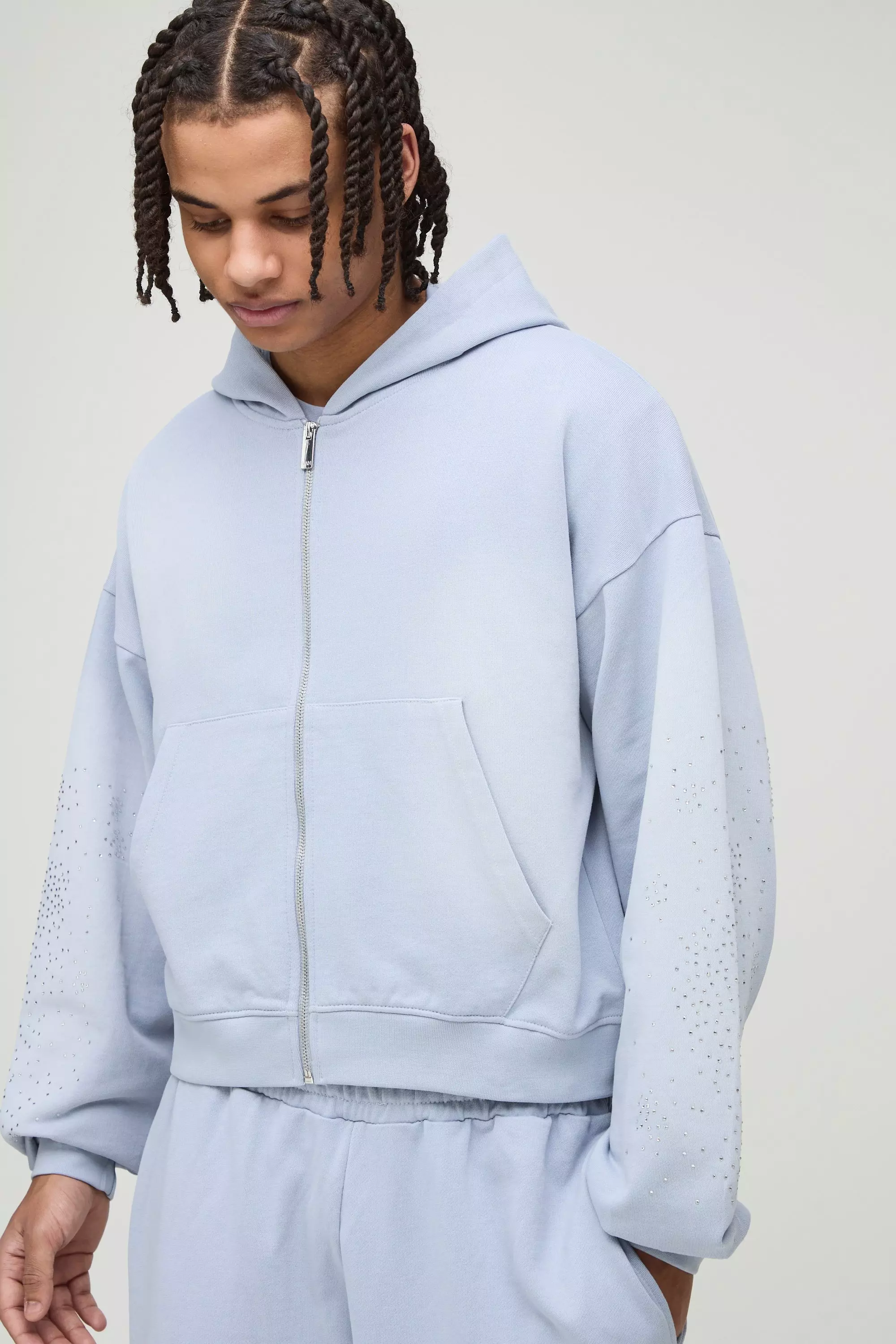 Blue Shrunken Fit Washed Rhinestone Zip Through Hoodie alternative image