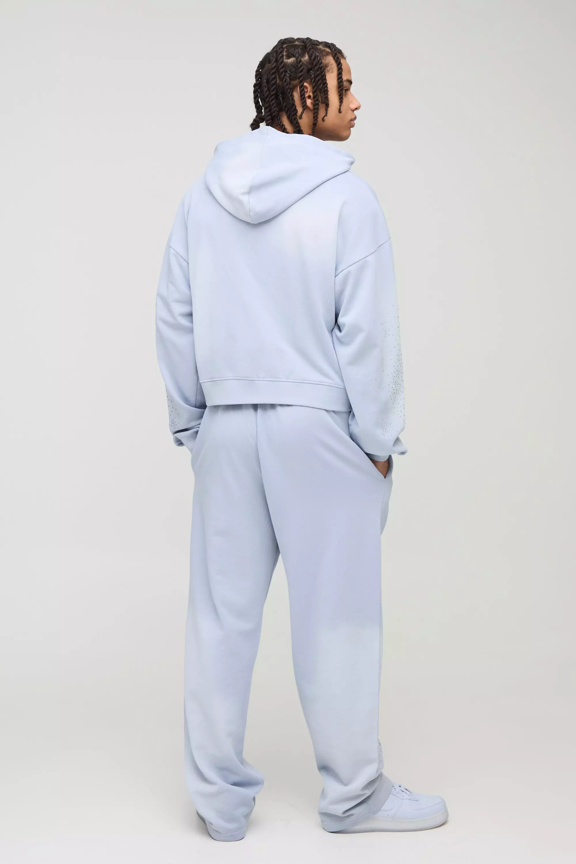 Blue Shrunken Fit Washed Rhinestone Zip Through Hoodie alternative image