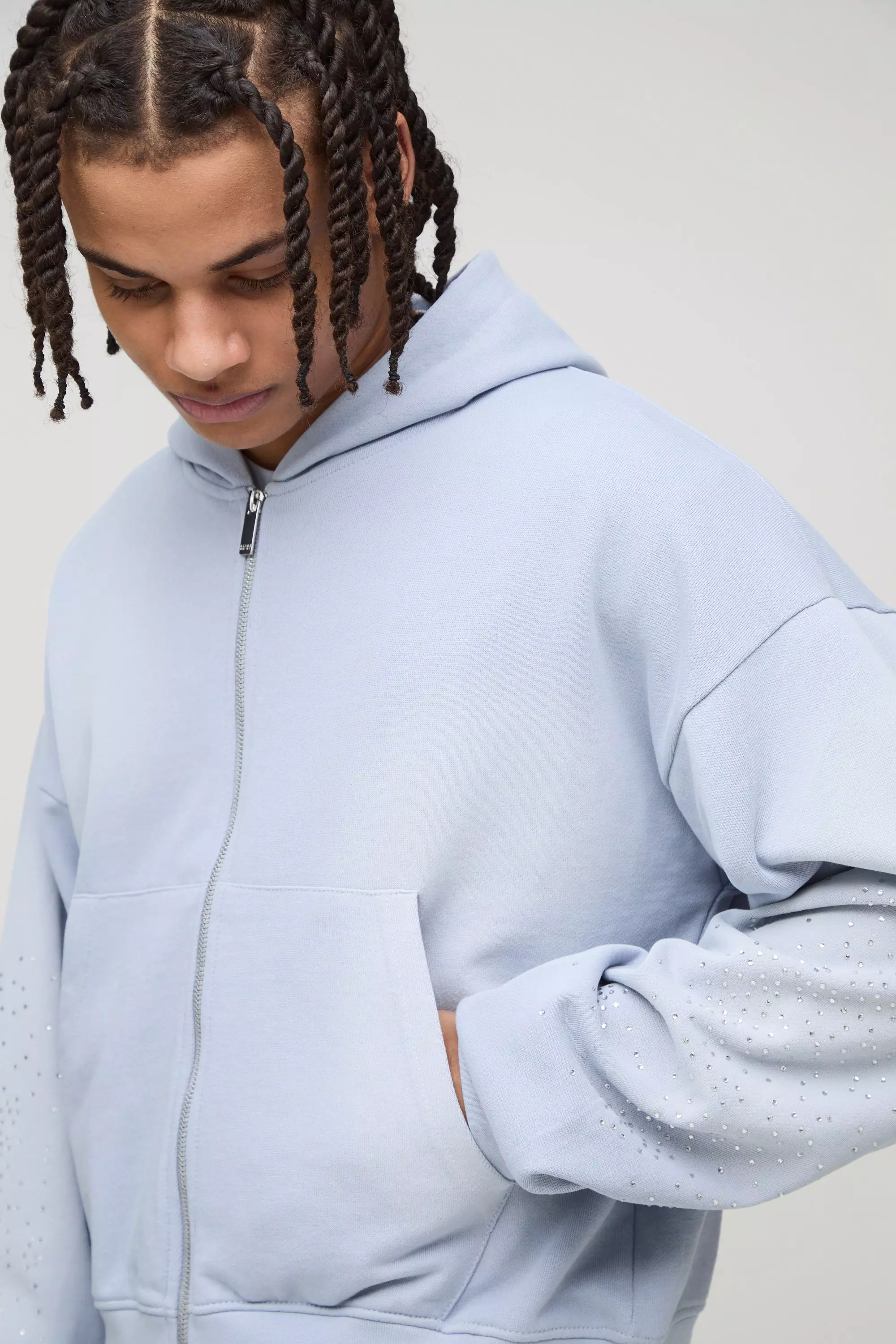 Blue Shrunken Fit Washed Rhinestone Zip Through Hoodie alternative image