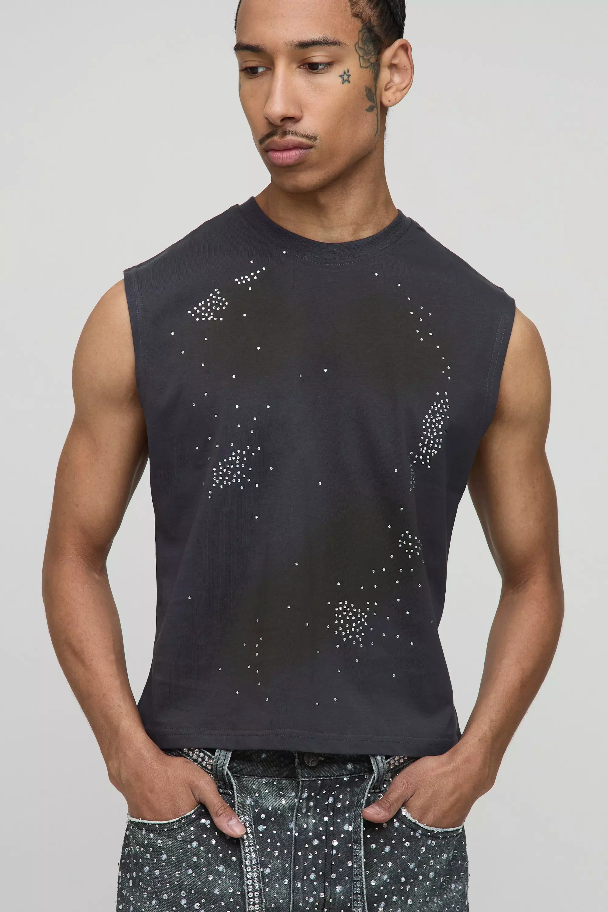 Charcoal Boxy Fit Washed Rhinestone Tank alternative image