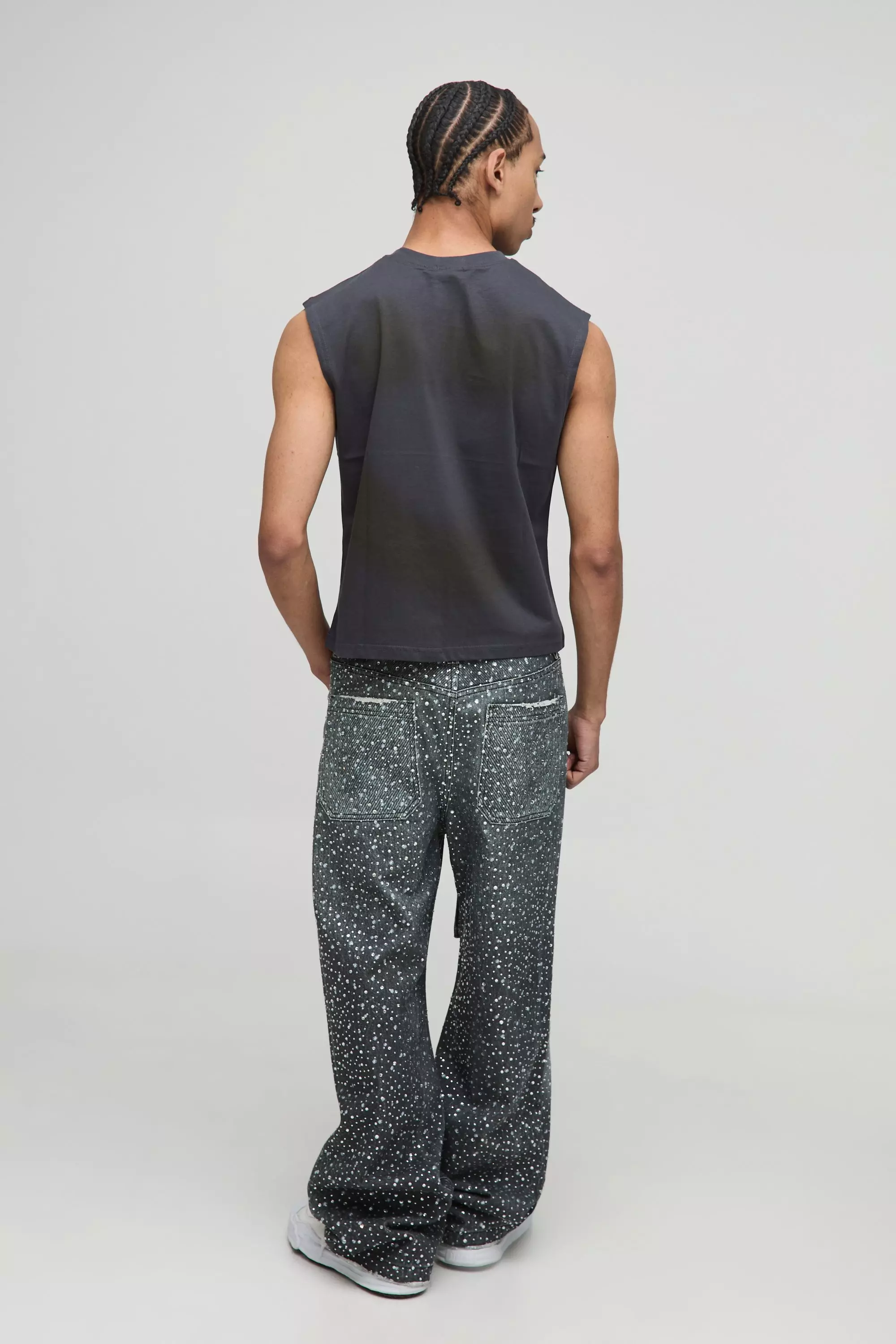 Charcoal Boxy Fit Washed Rhinestone Tank alternative image