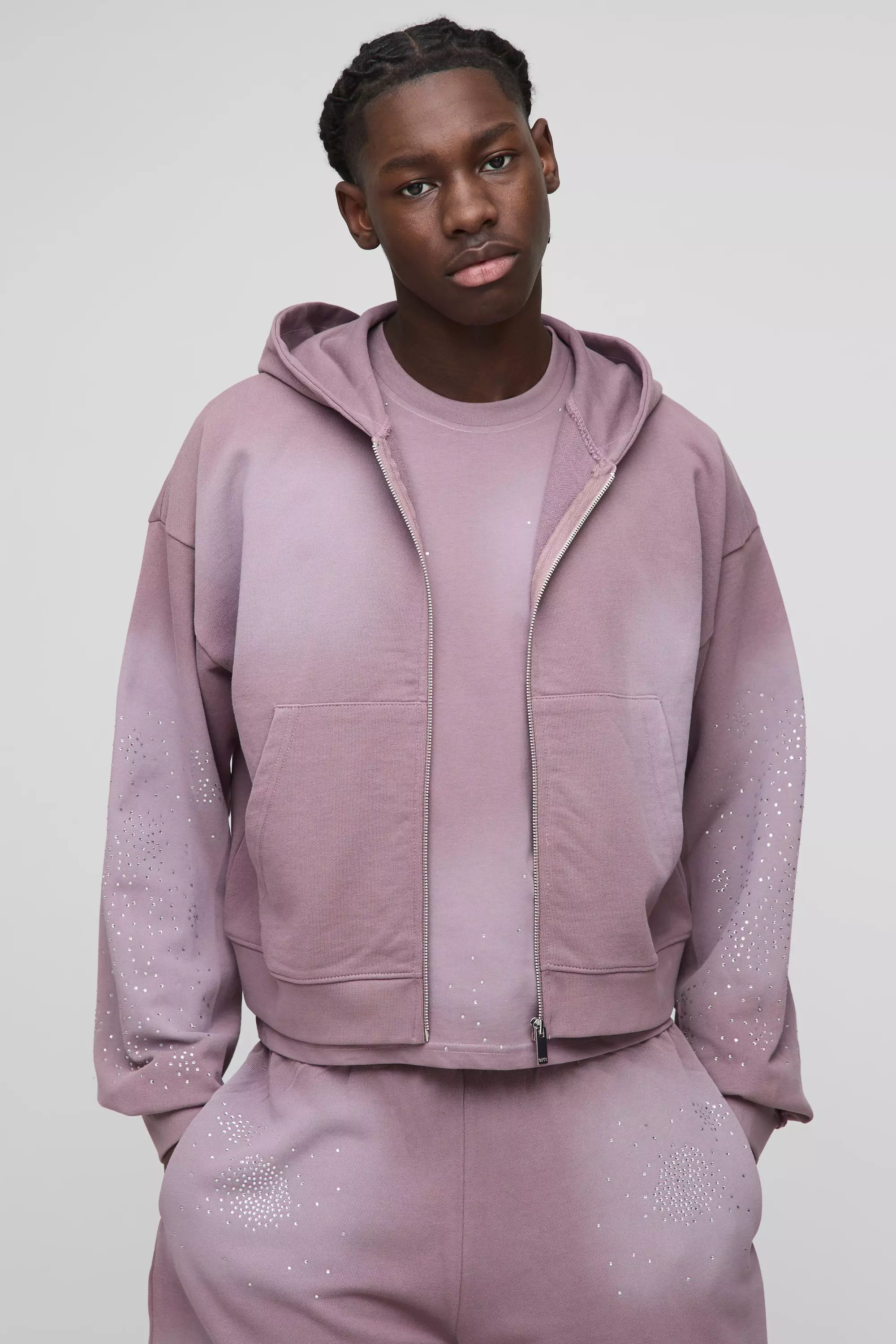 Purple Shrunken Fit Washed Rhinestone Zip Through Hoodie alternative image