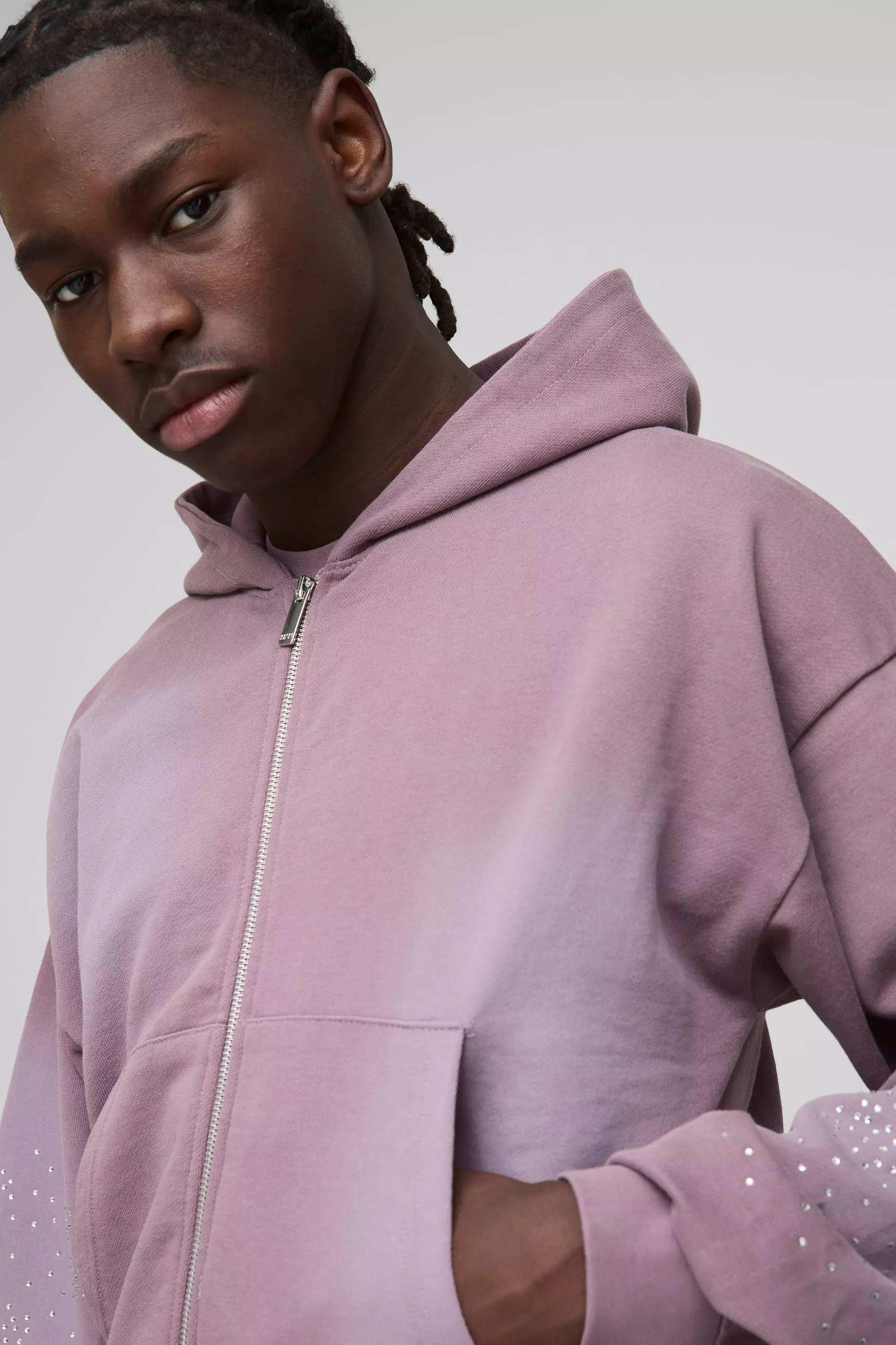 Purple Shrunken Fit Washed Rhinestone Zip Through Hoodie alternative image
