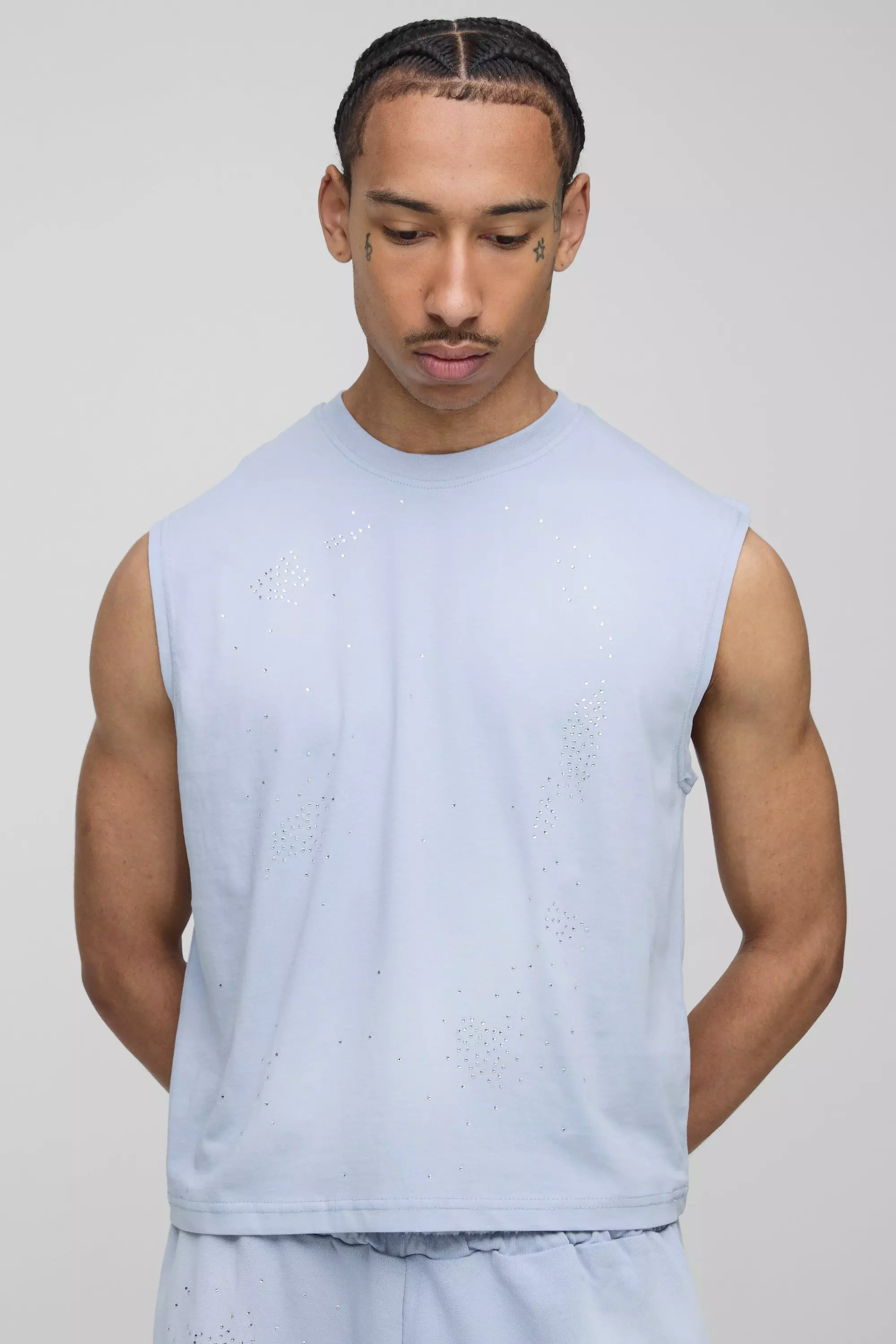 Blue Boxy Fit Washed Rhinestone Tank alternative image