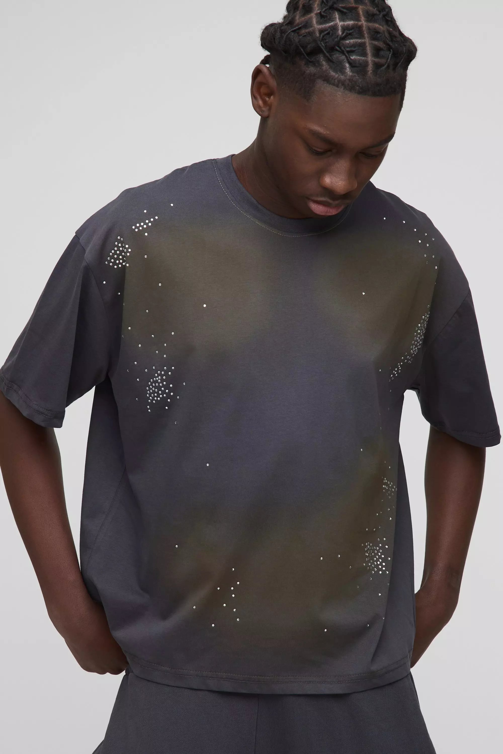 Charcoal Oversized Gebleekt Boxy Rhinestone T-Shirt alternatieve afbeelding