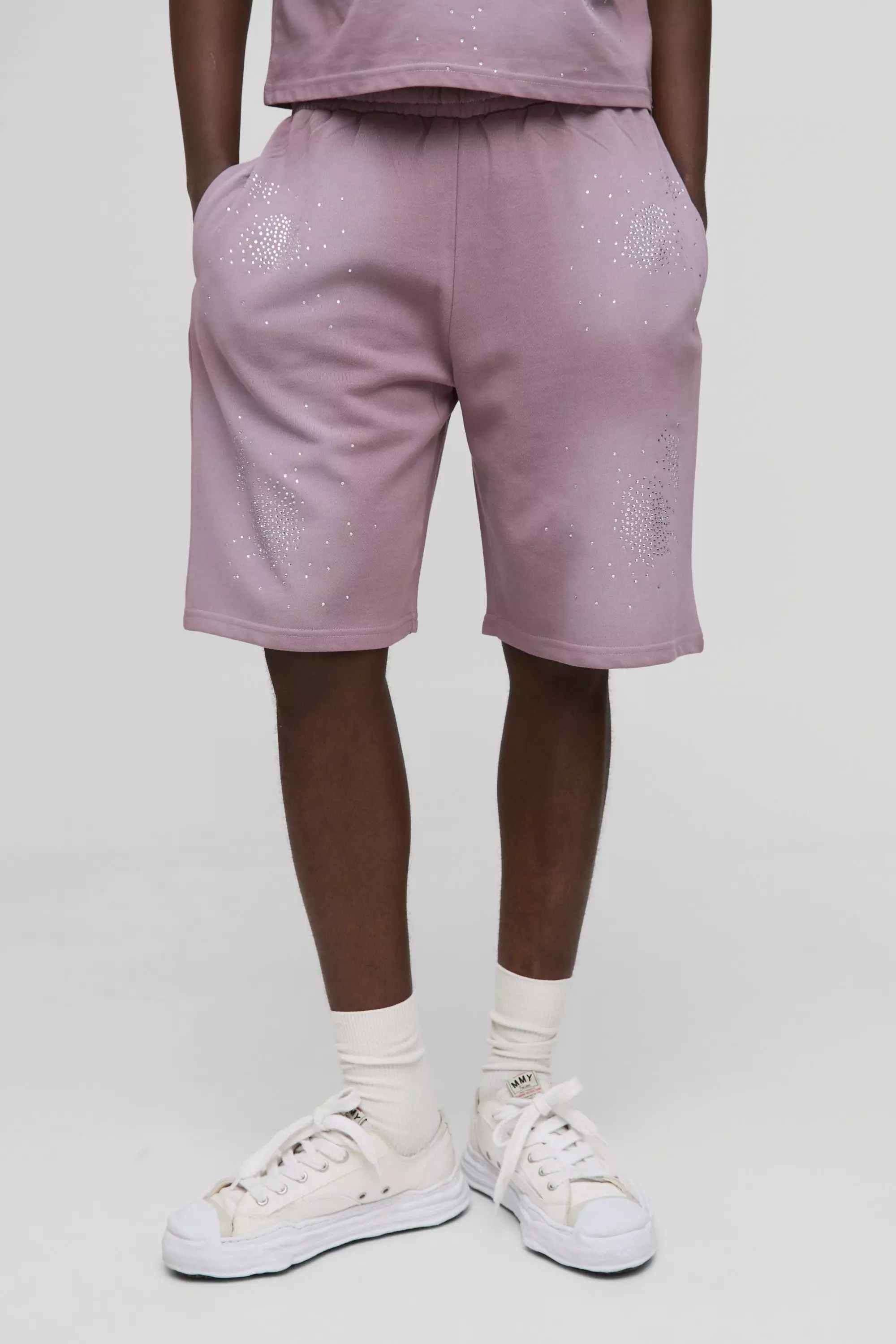 Purple Oversized Washed Rhinestone Sweat Shorts alternative image