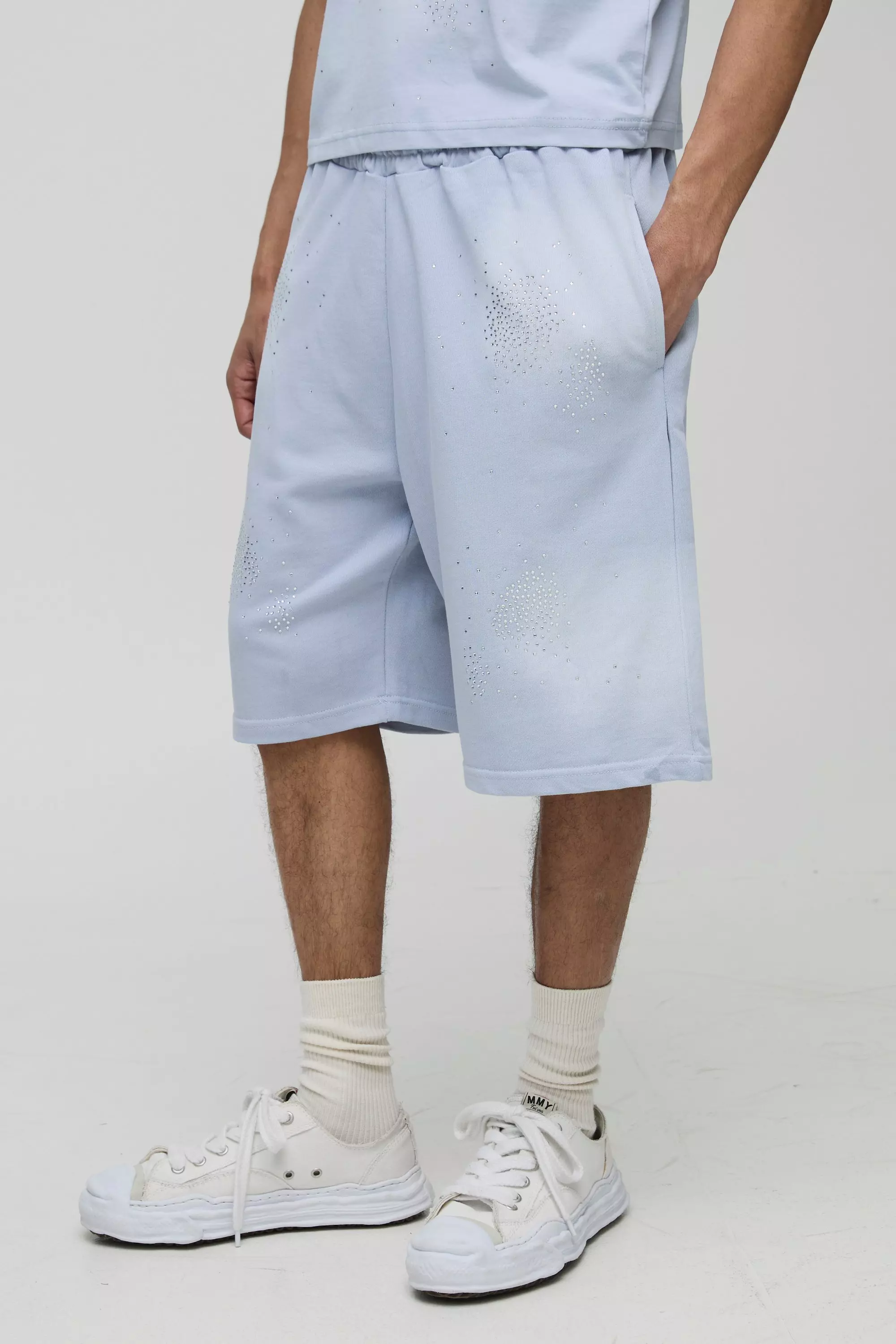 Blue Oversized Washed Rhinestone Jersey Shorts alternative image