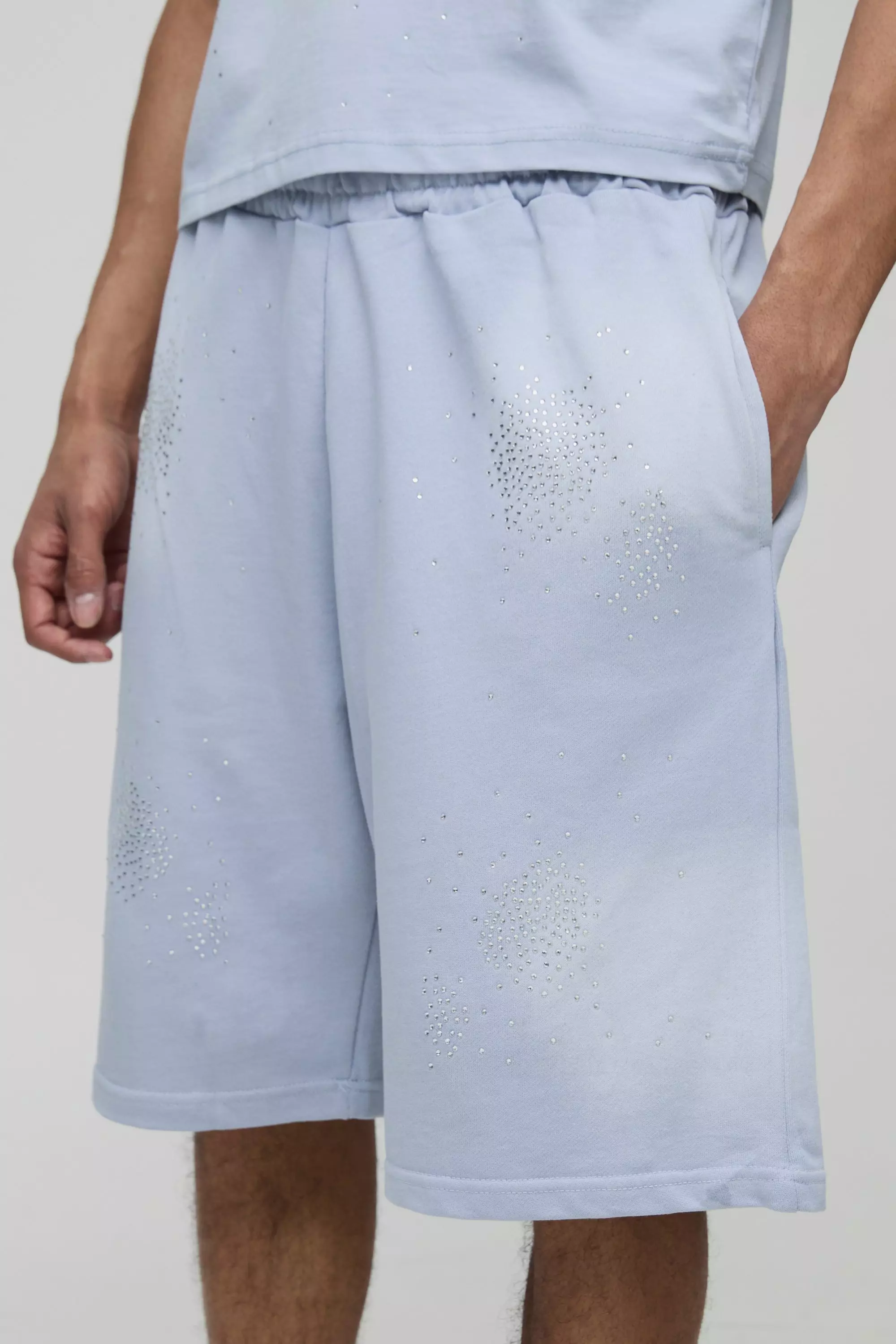 Blue Oversized Washed Rhinestone Jersey Shorts alternative image