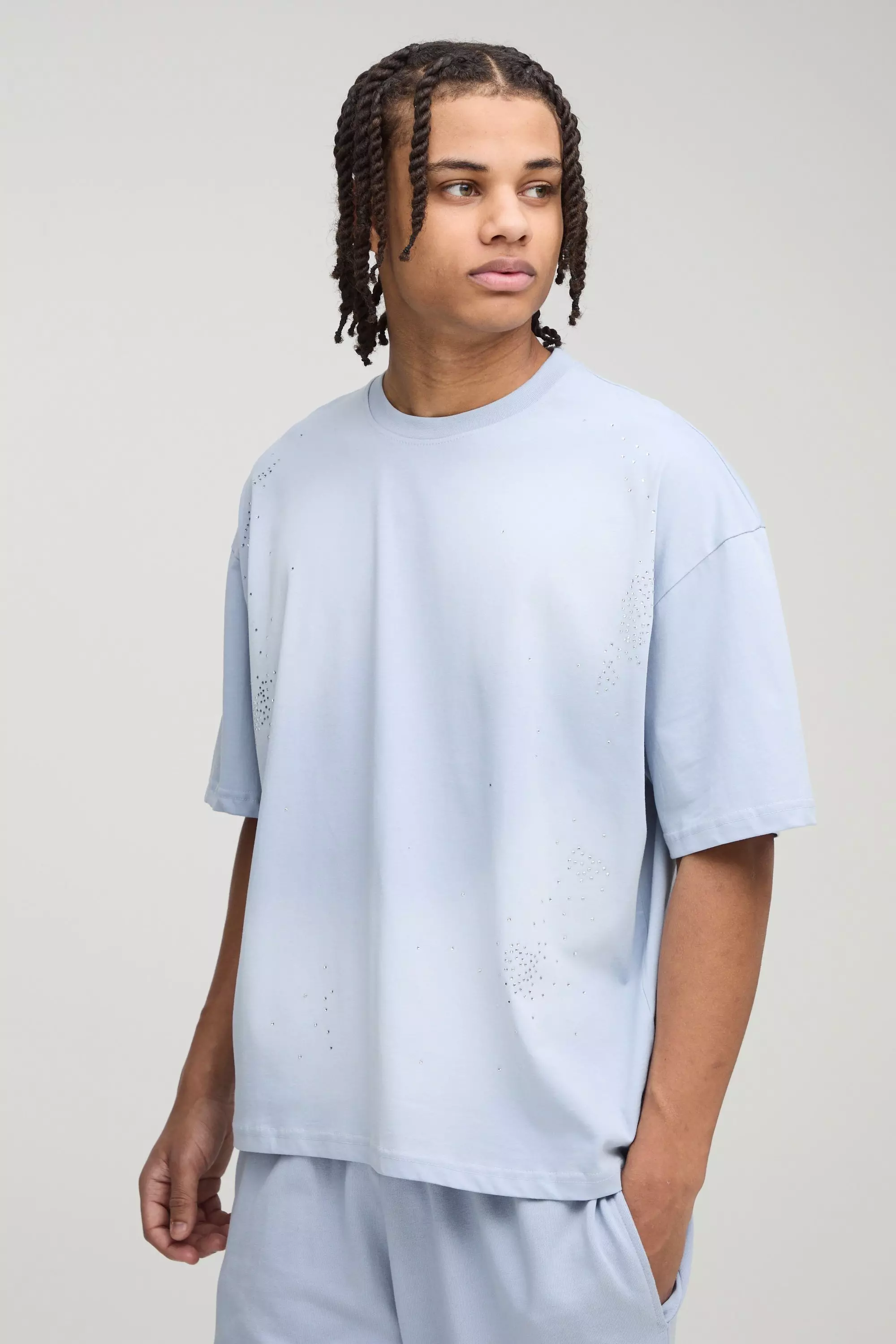Oversized Boxy Washed Rhinestone T-Shirt | boohooMAN USA