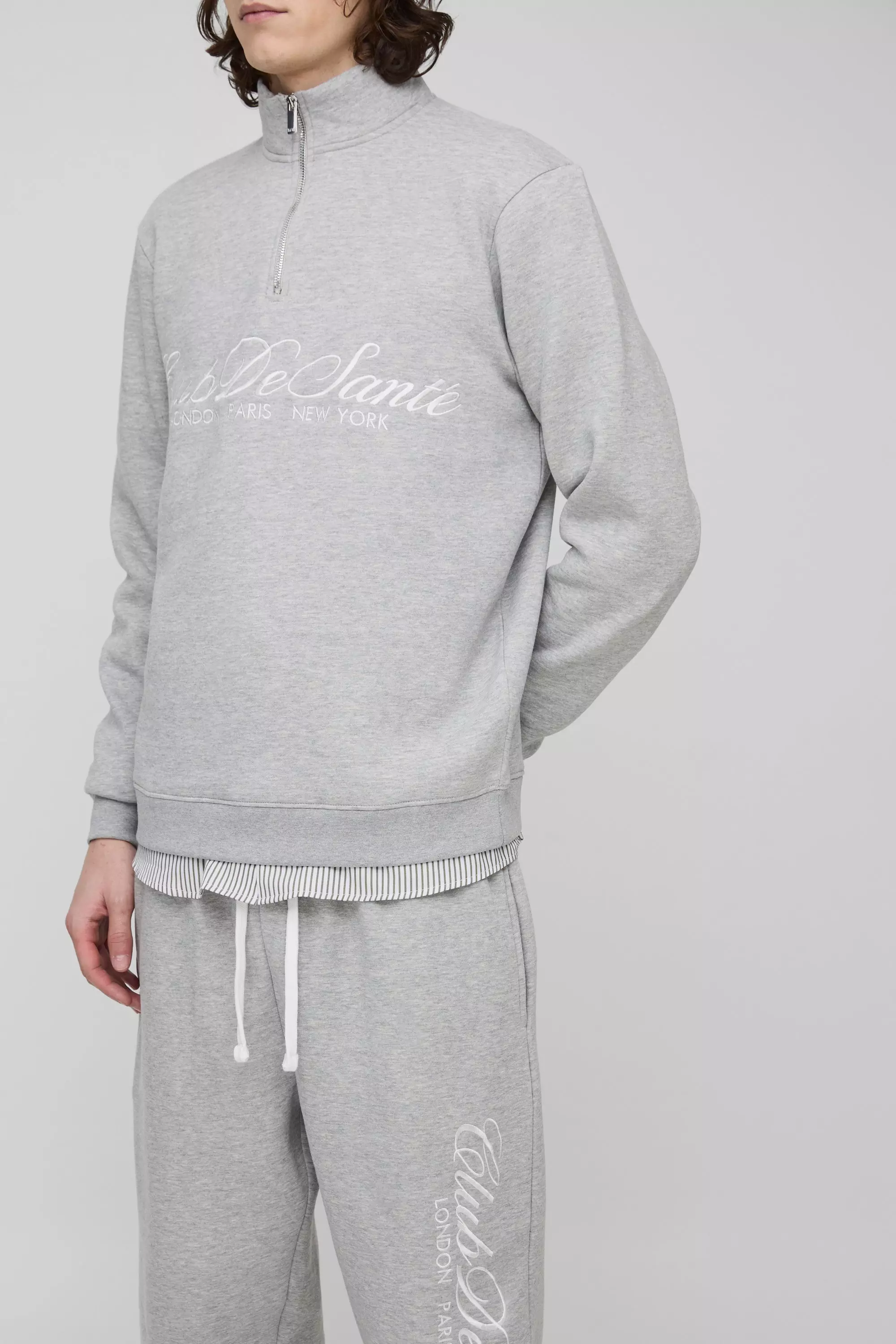 Grey marl Tall Regular Fit Embroidered 1/4 Zip Tracksuit alternative image