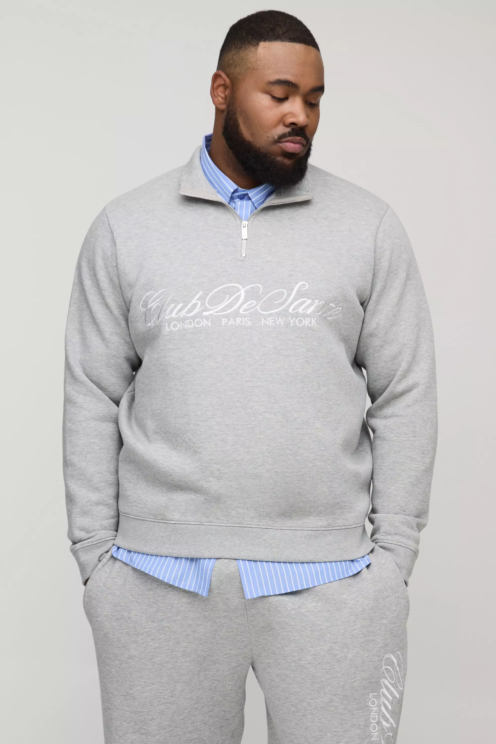 Grey marl Plus Regular Fit Embroidered 1/4 Zip Tracksuit alternative image