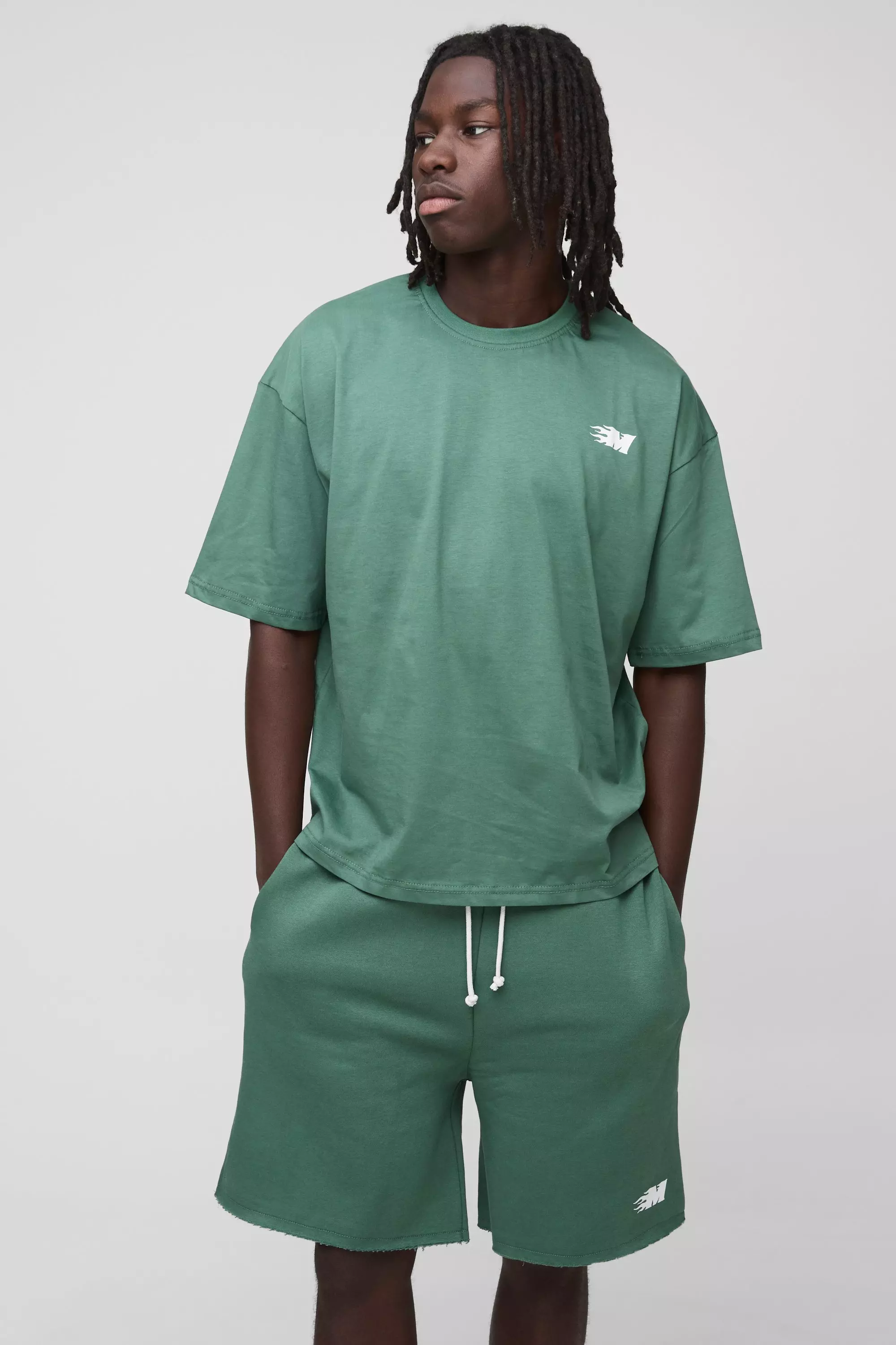 Oversized Boxy M Flame T-Shirt & Drop Crotch Short Set | boohooMAN USA