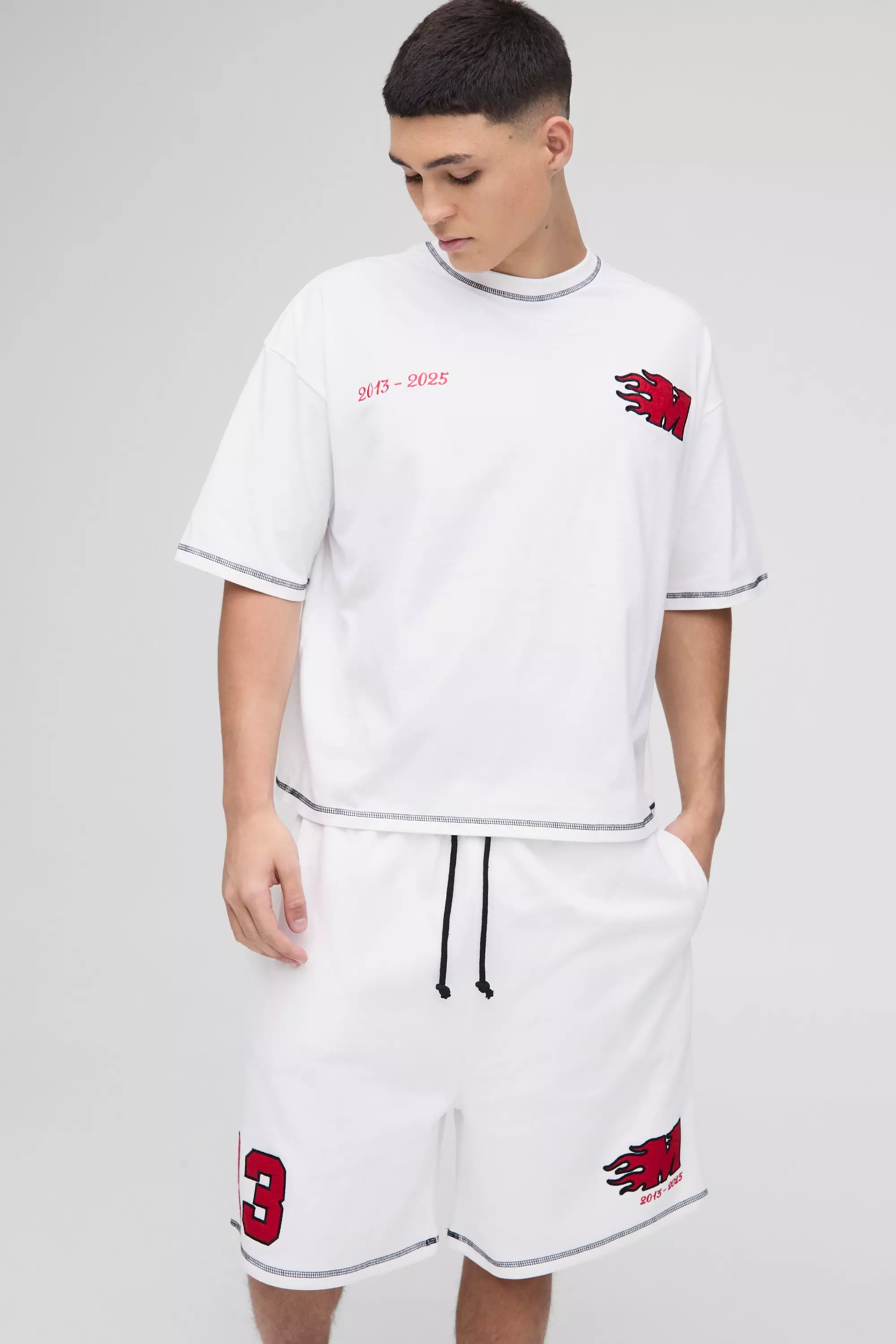Oversized Boxy Applique Drop Crotch T-Shirt & Short Set White