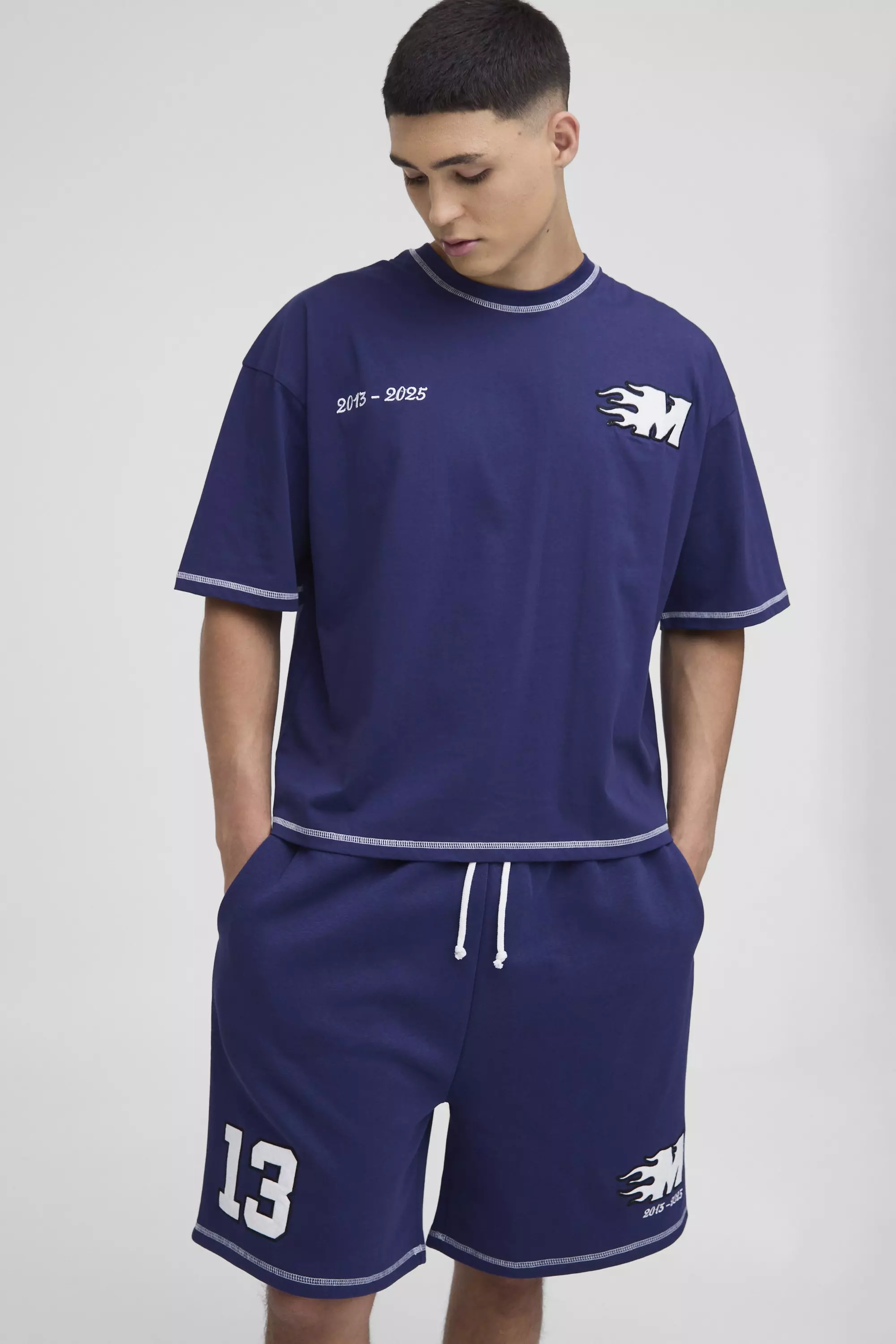 Navy Oversized Boxy Applique Drop Crotch T-Shirt & Short Set