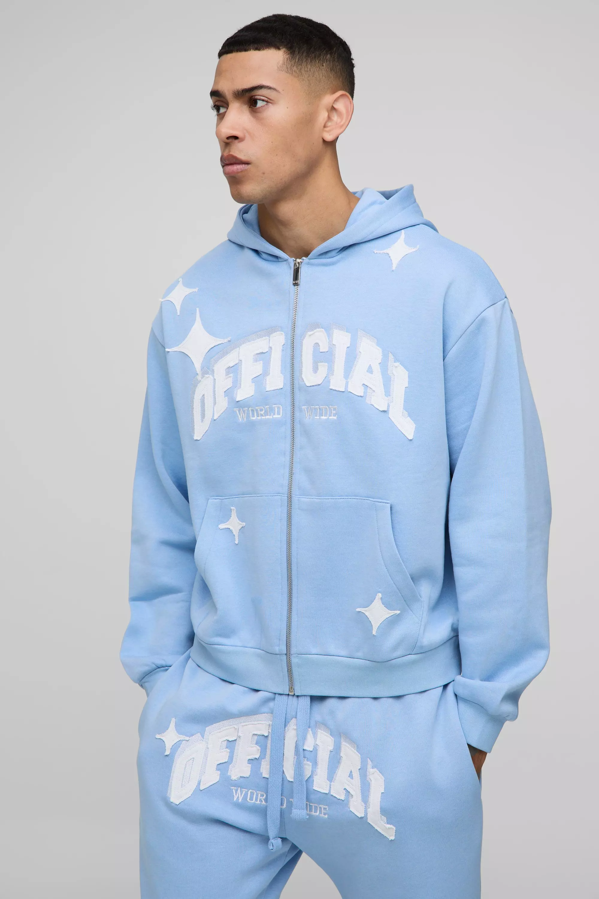 Oversized Boxy Official Applique Zip hooded Tracksuit | boohooMAN USA