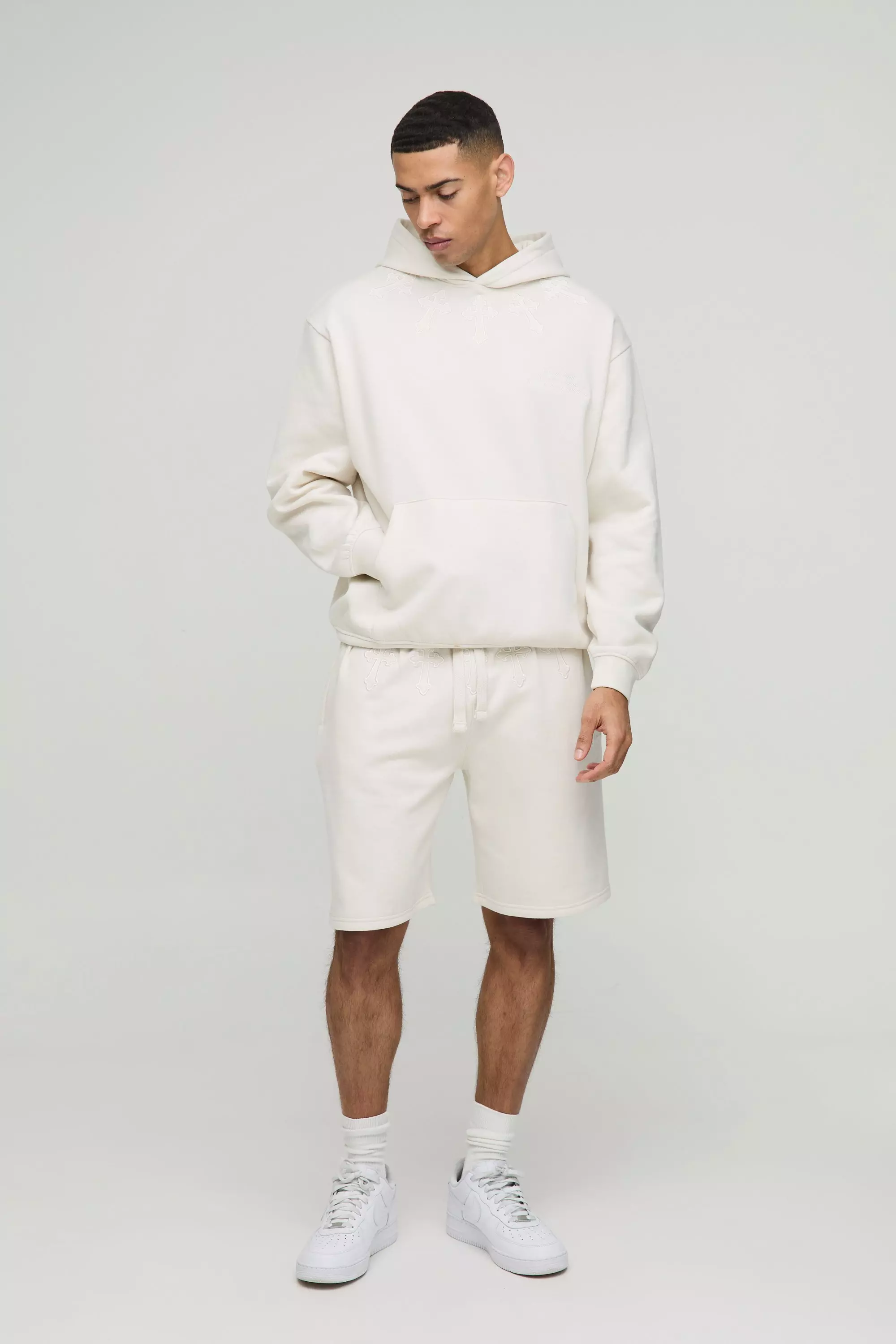 Oversized Cross Applique Hooded Short Tracksuit Ecru