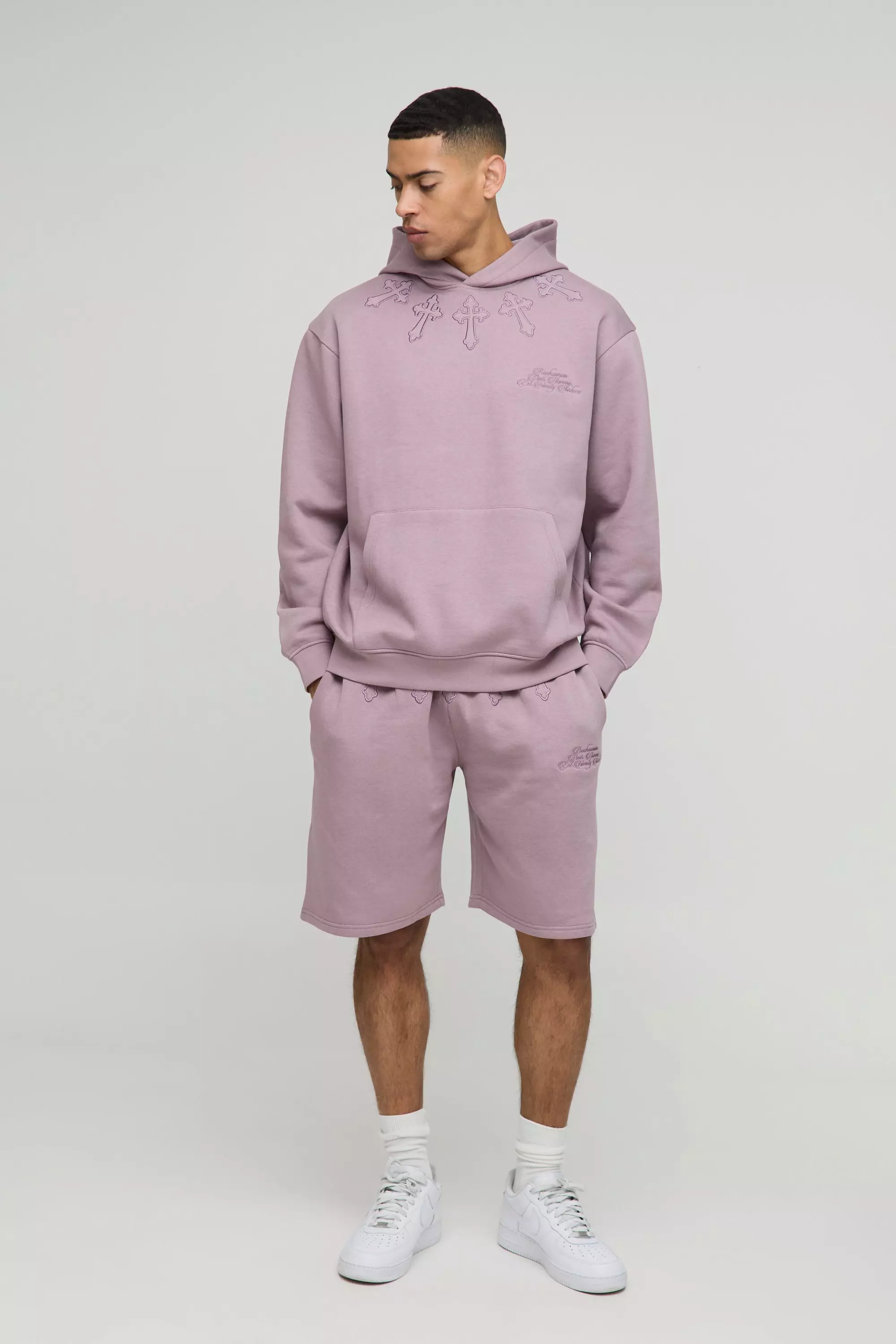 Oversized Cross Applique Hooded Short Tracksuit | boohooMAN USA