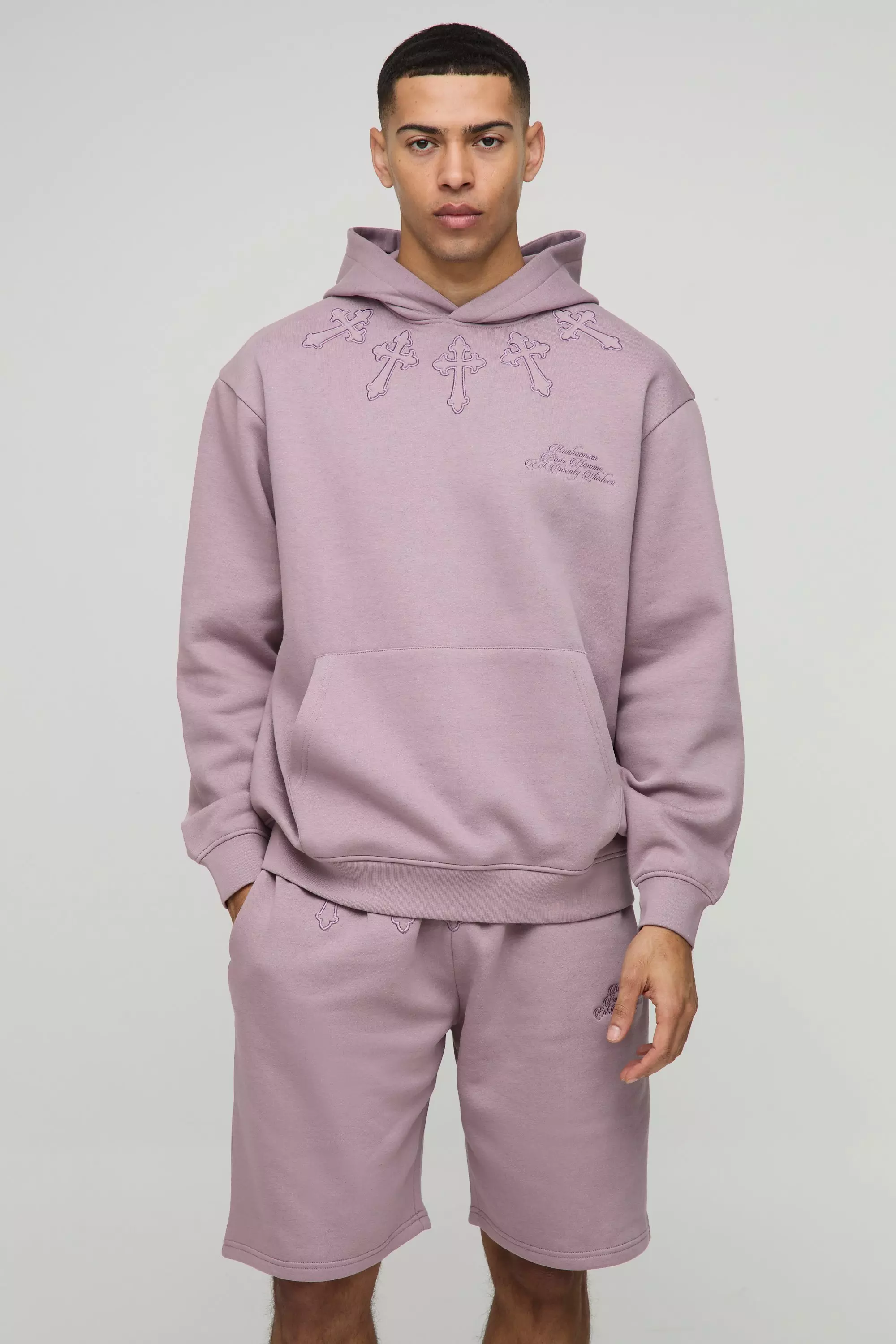 Oversized Cross Applique Hooded Short Tracksuit | boohooMAN USA