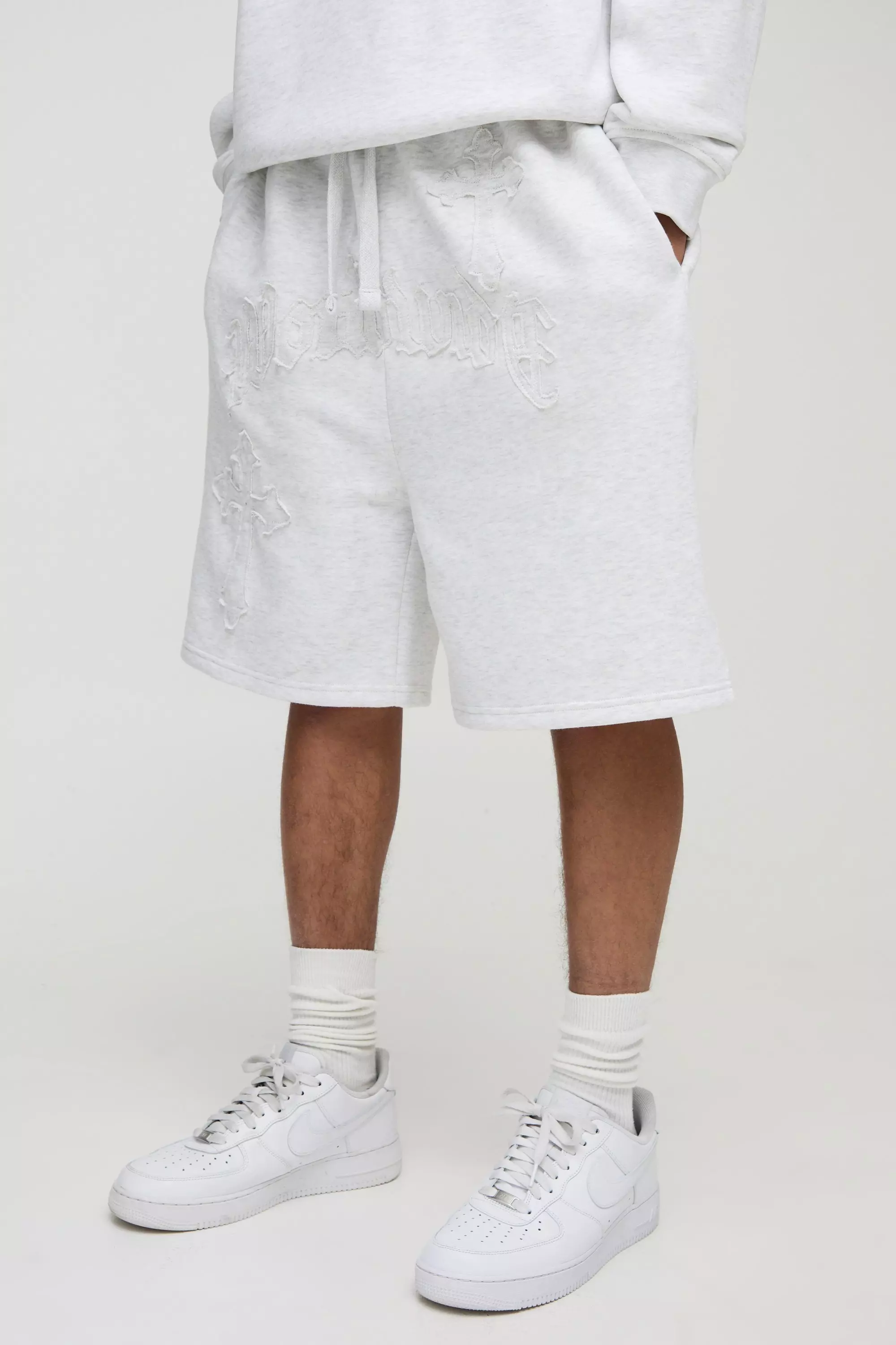 Grey marl Oversized Worldwide Applique Drop Crotch Shorts alternative image