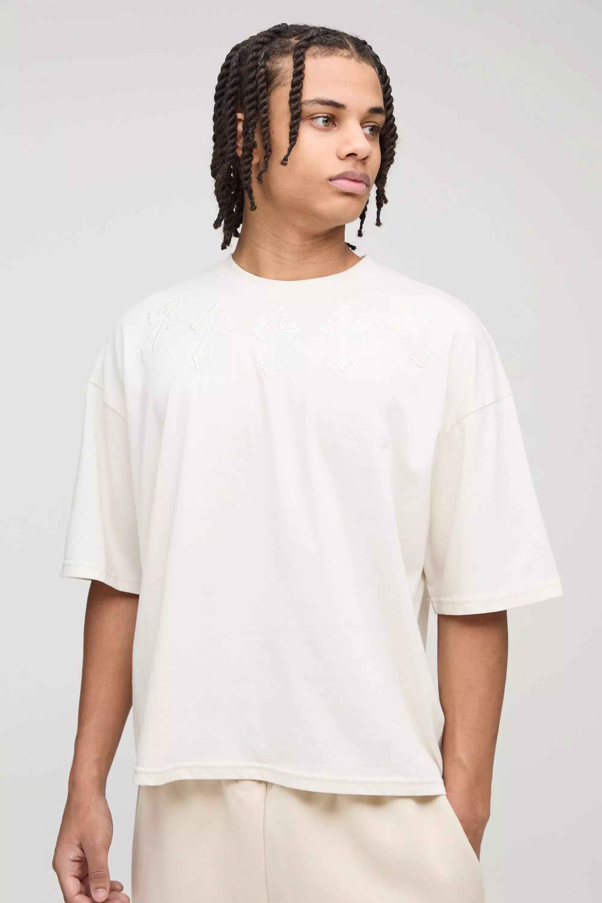 Oversized Boxy Cross Applique T-Shirt Ecru