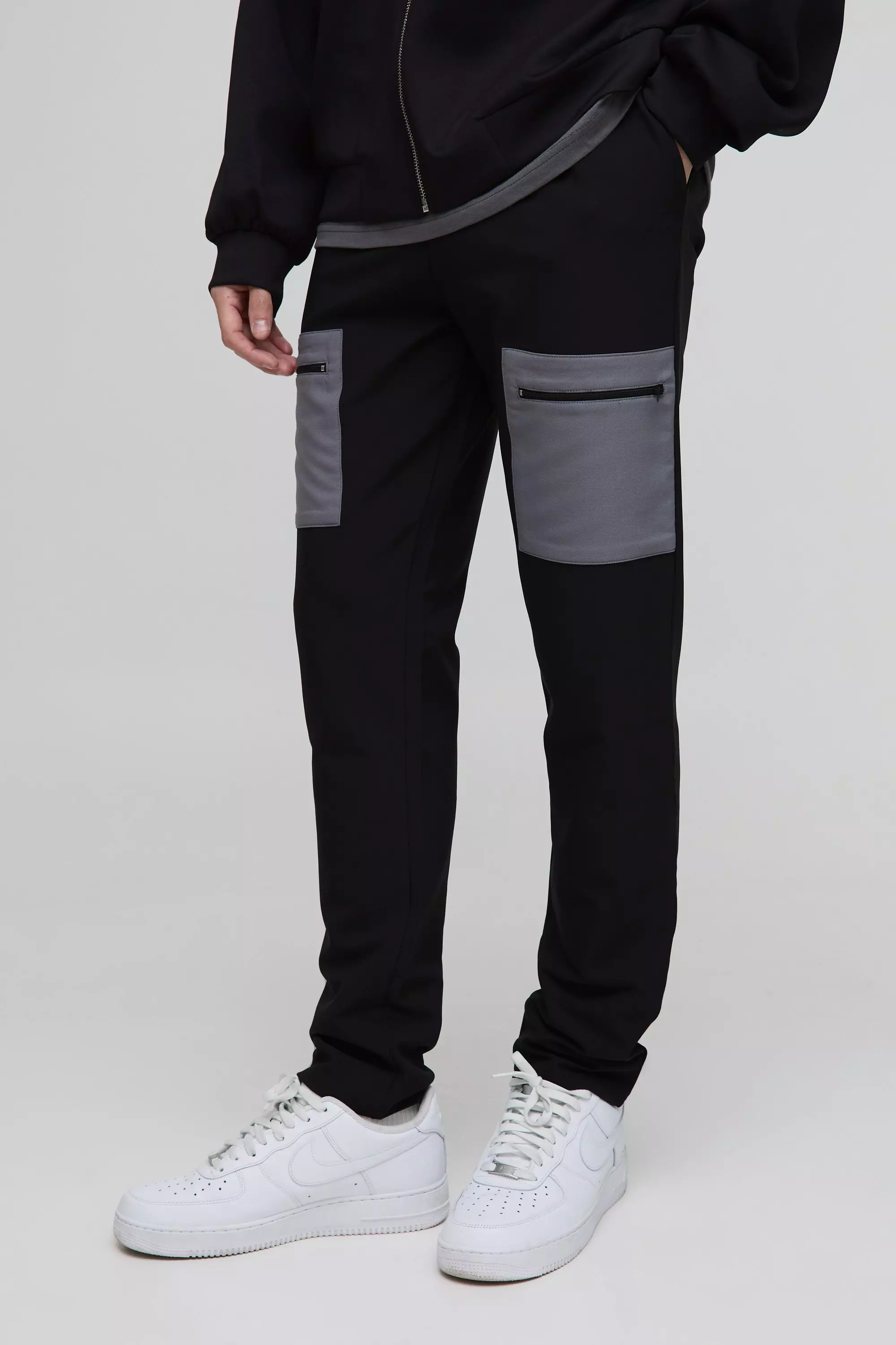 Black Elasticated Waist Slim Fit Technical Stretch Cargo Trousers