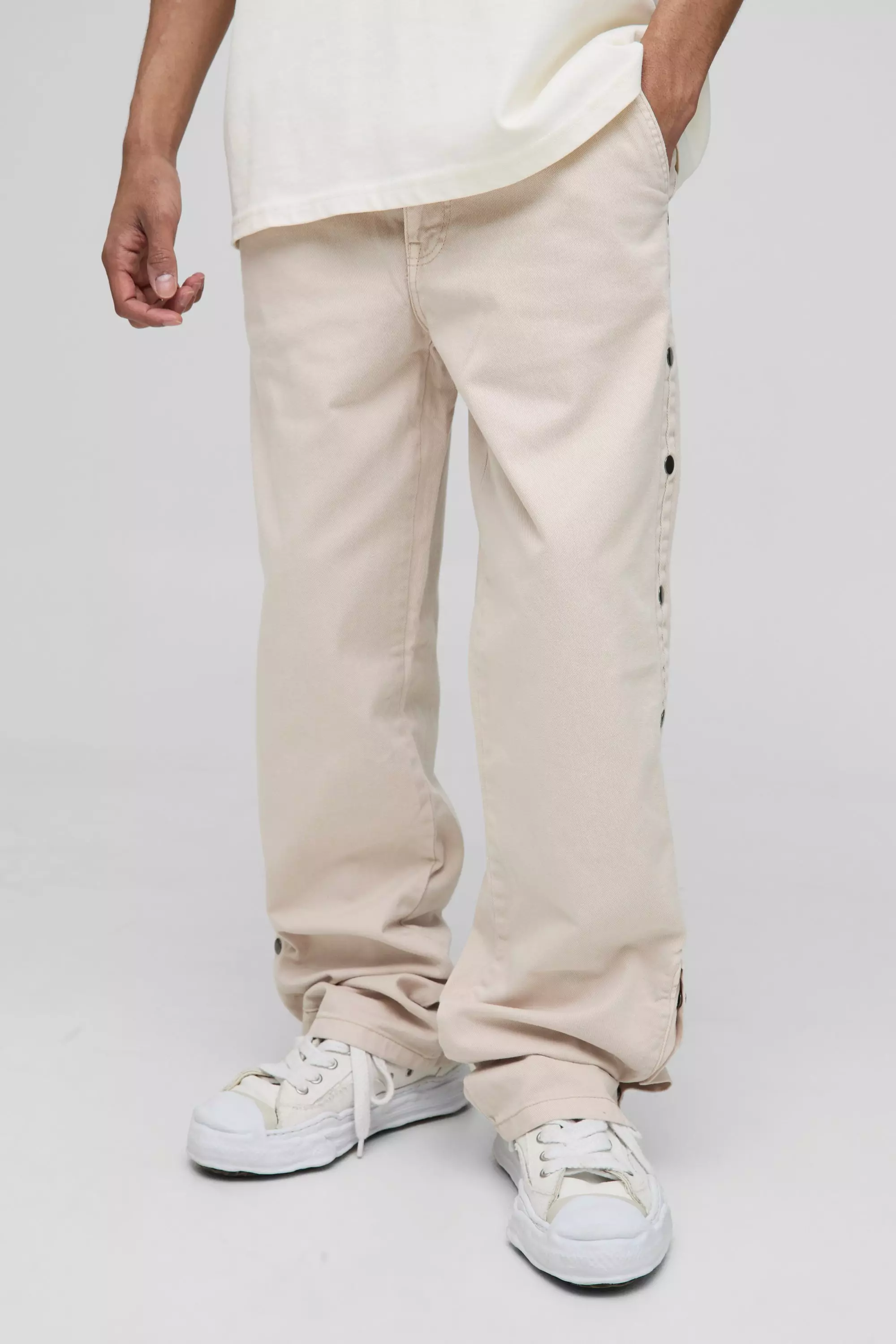 Relaxed Fit Overdyed Twill Popper Hem Trousers | boohooMAN USA