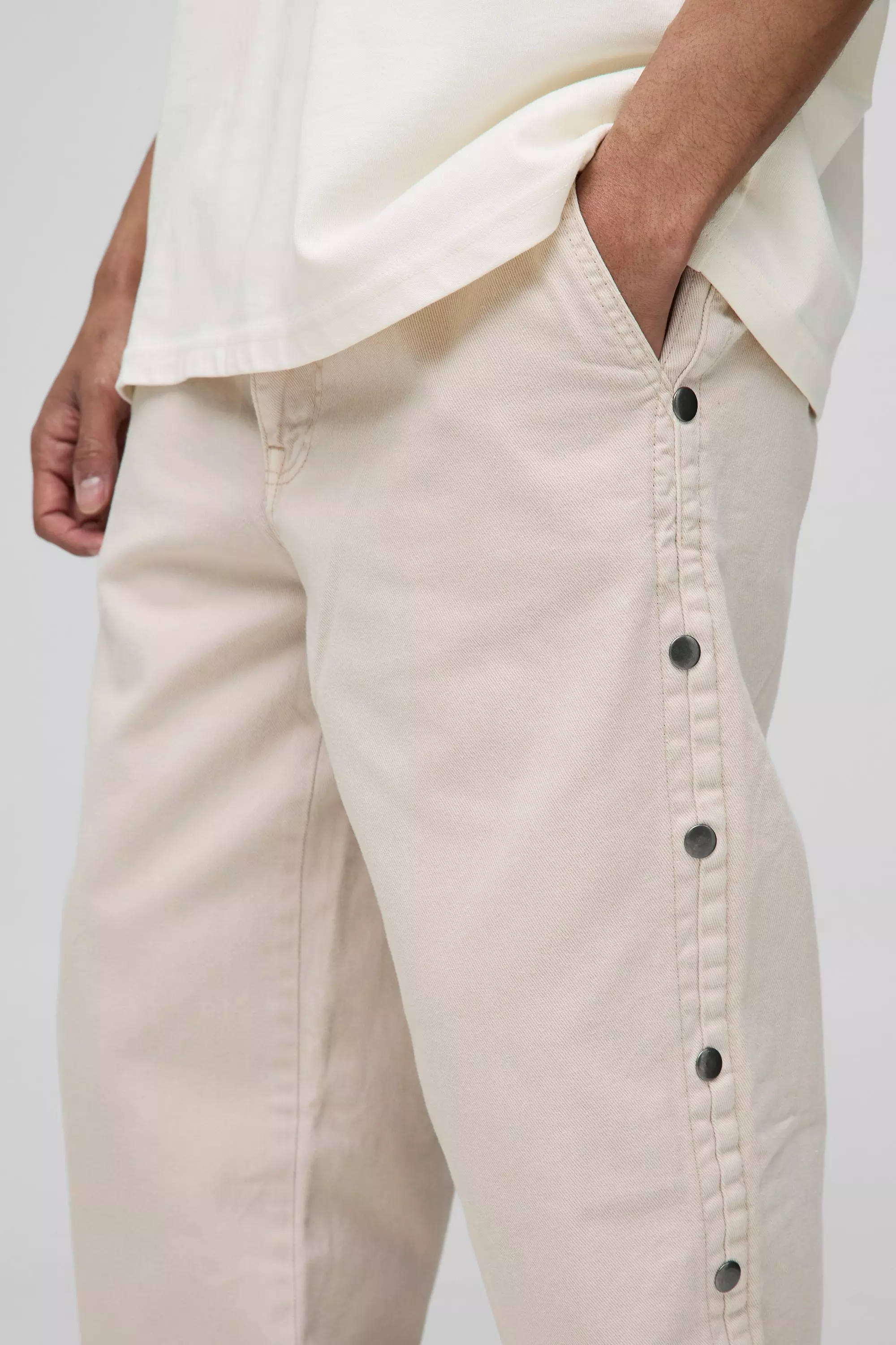 Relaxed Fit Overdyed Twill Popper Hem Trousers | boohooMAN USA