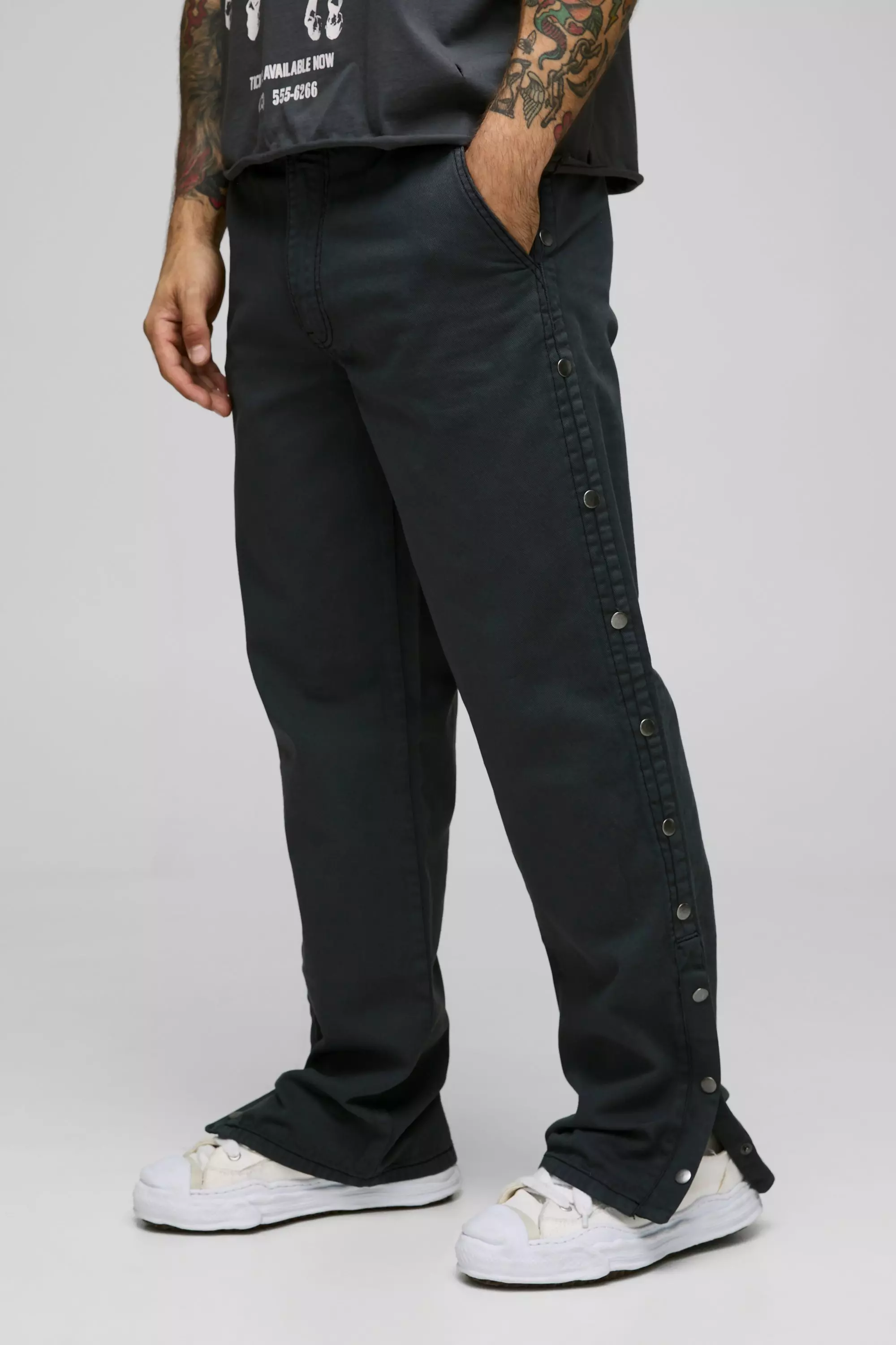 Charcoal Relaxed Fit Overdyed Twill Popper Hem Trousers alternative image