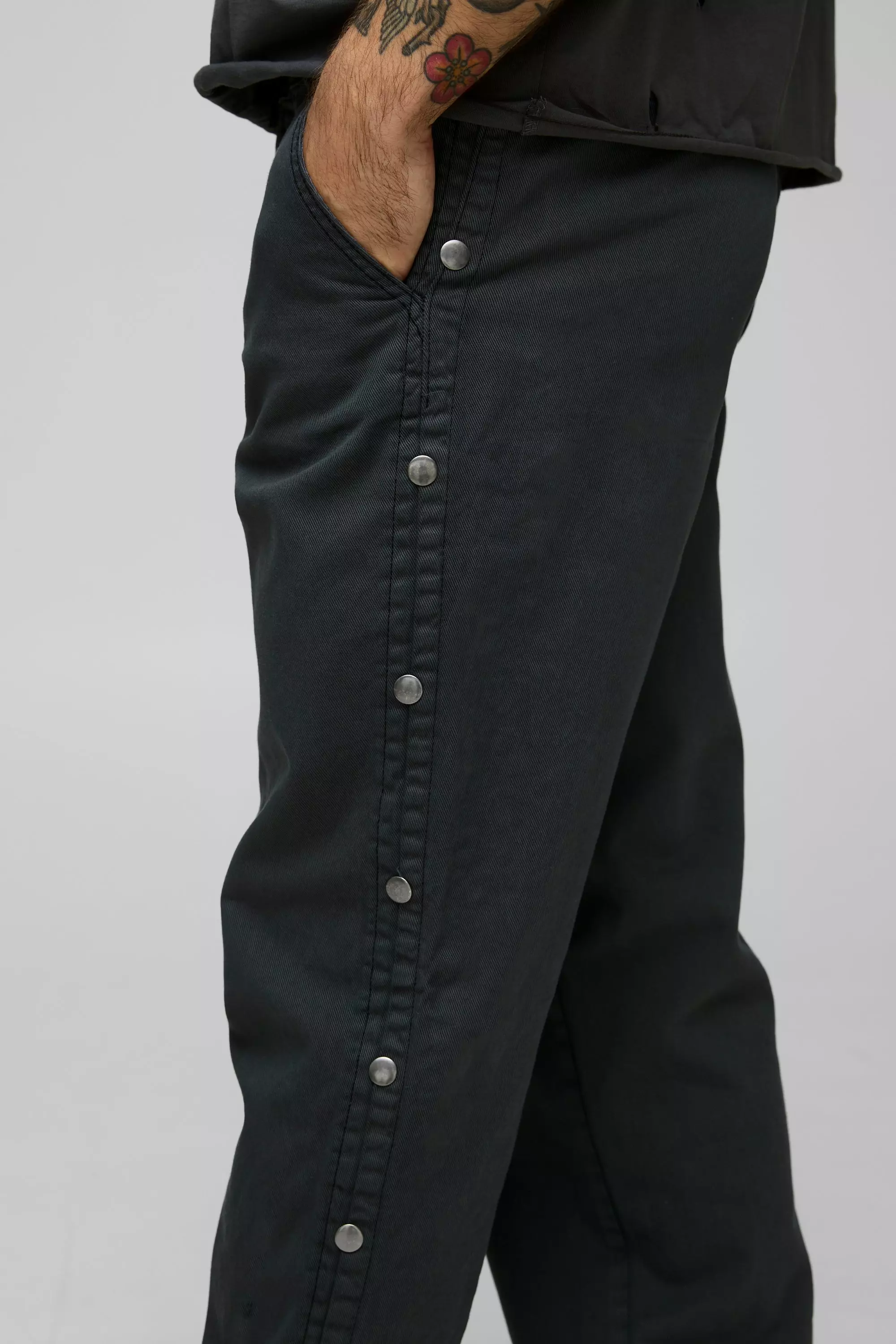 Charcoal Relaxed Fit Overdyed Twill Popper Hem Trousers alternative image