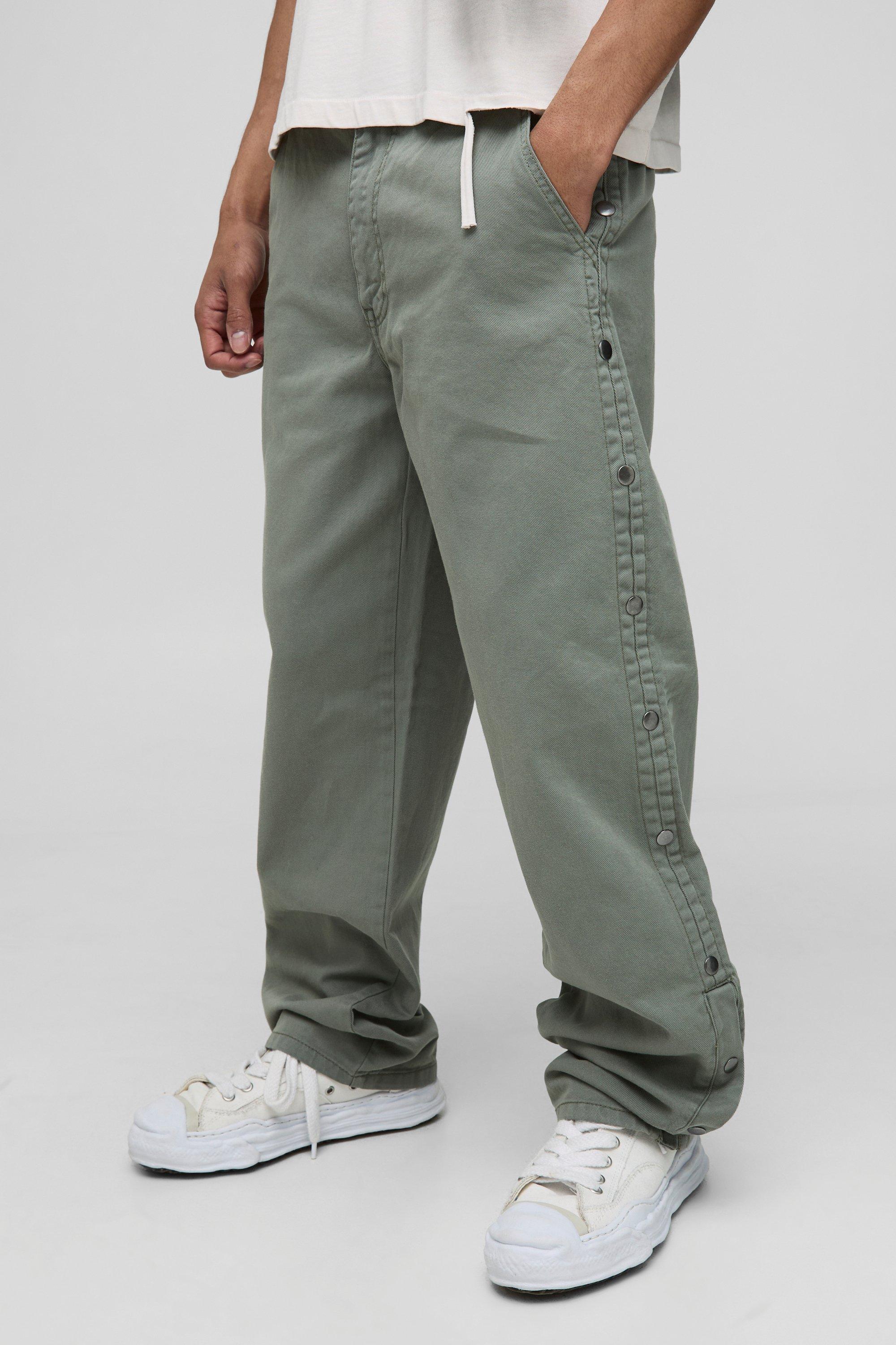 Relaxed Fit Overdyed Twill Popper Hem Trousers | boohooMAN USA