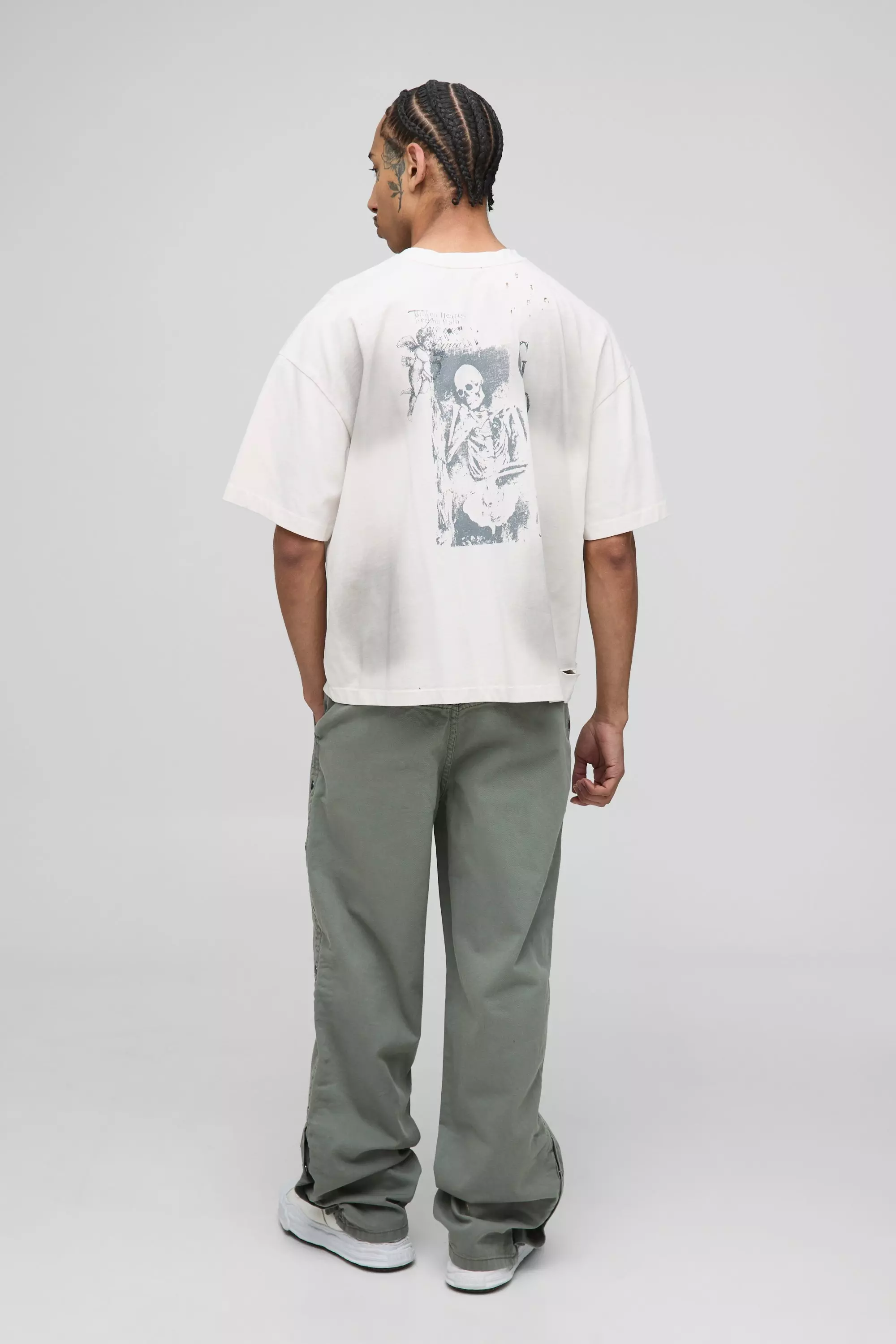 Relaxed Fit Overdyed Twill Popper Hem Trousers | boohooMAN USA