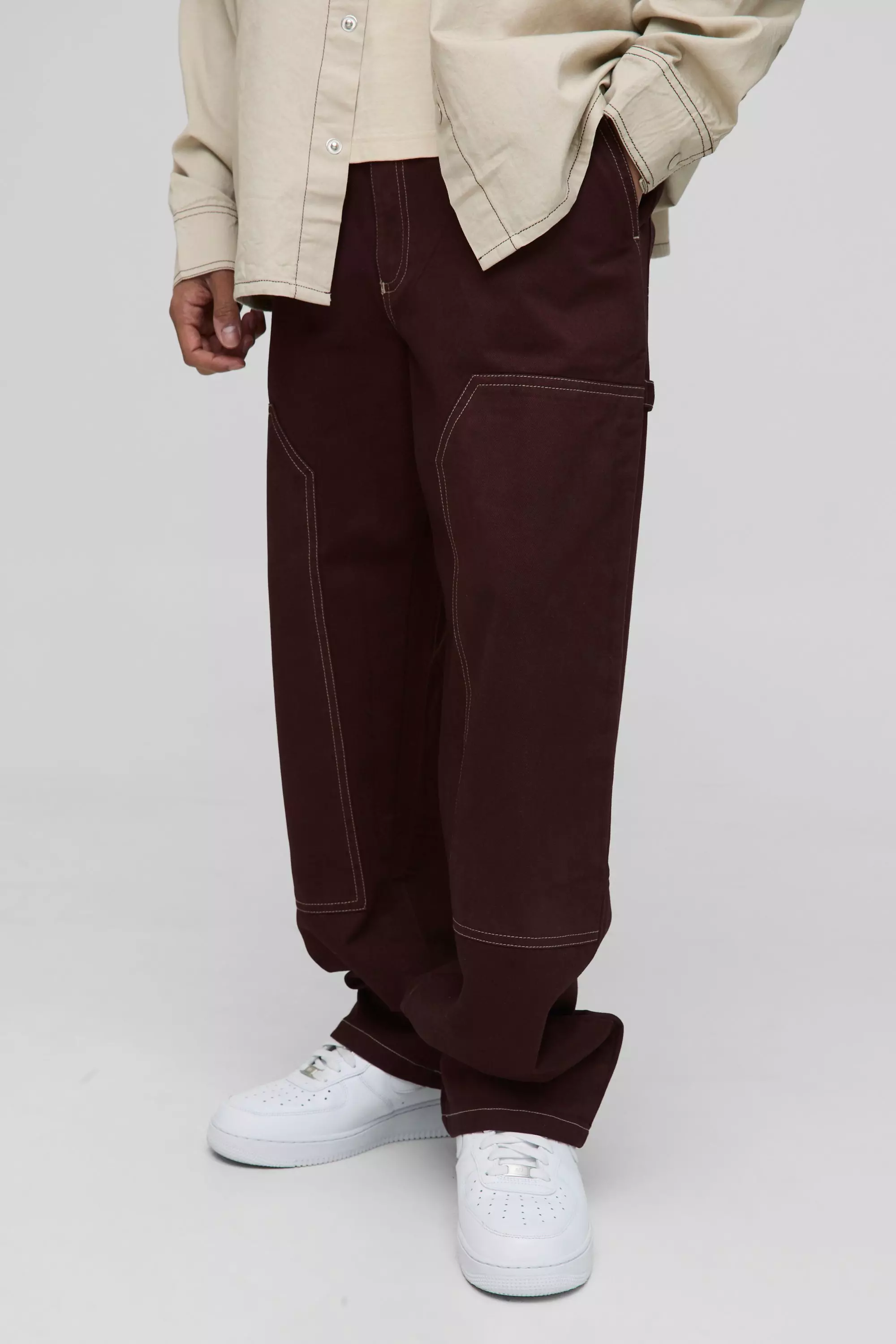 Relaxed Fit Contrast Stitch Carpenter Trousers Brown