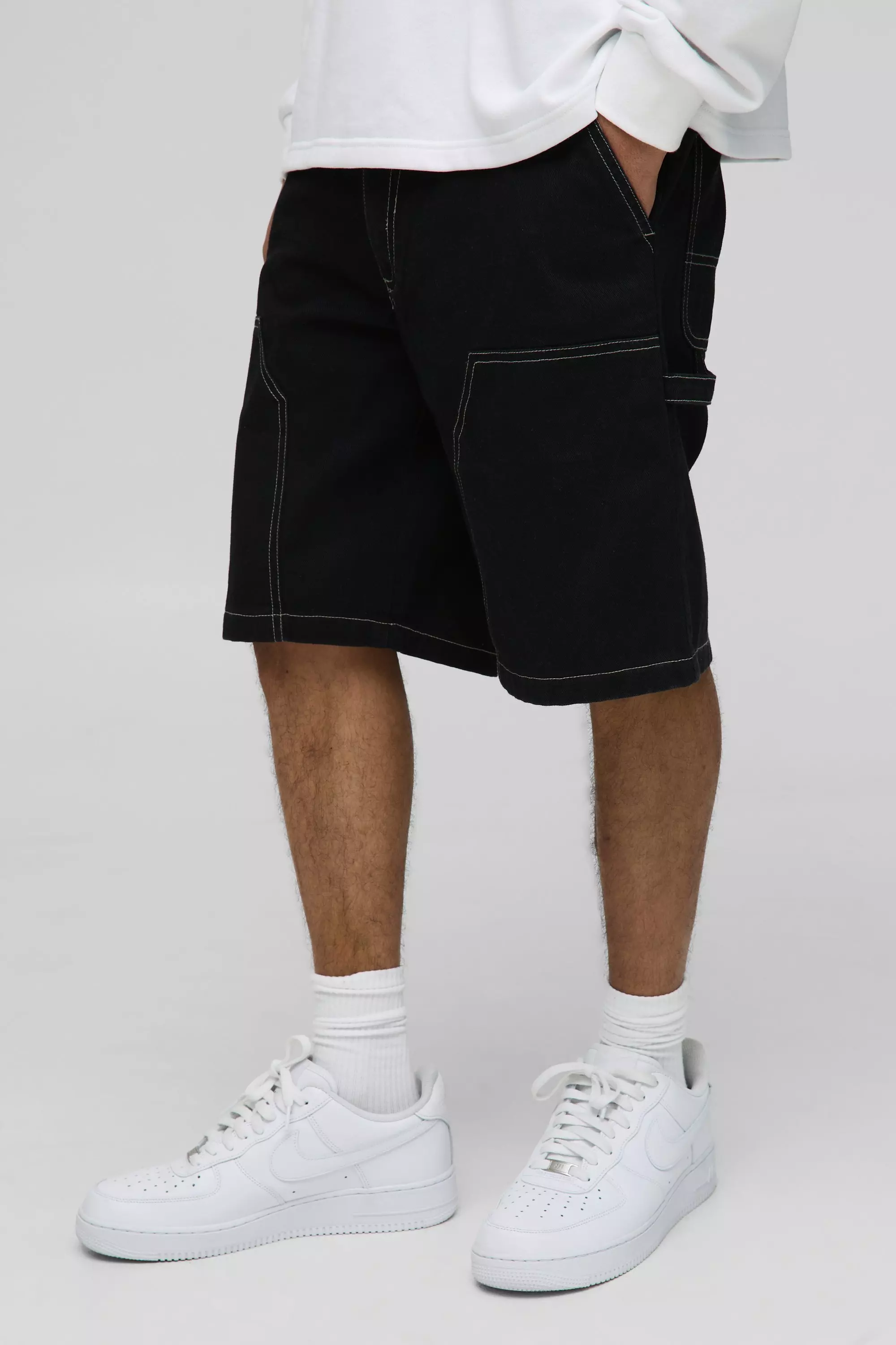 Relaxed Fit Contrast Stitch Carpenter Shorts Black
