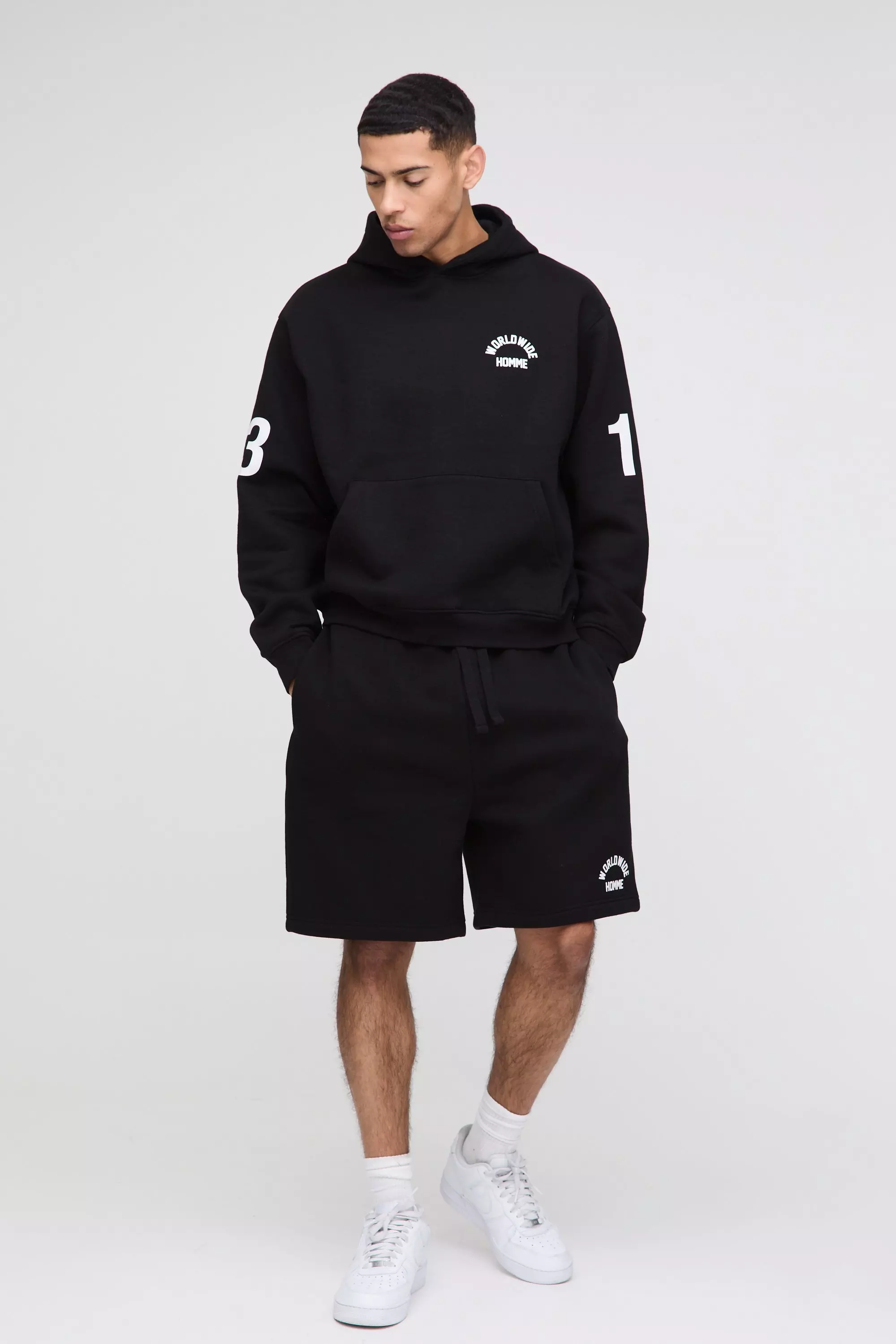 Oversized Boxy Worldwide Drop Crotch Hooded Short Tracksuit | boohooMAN UK