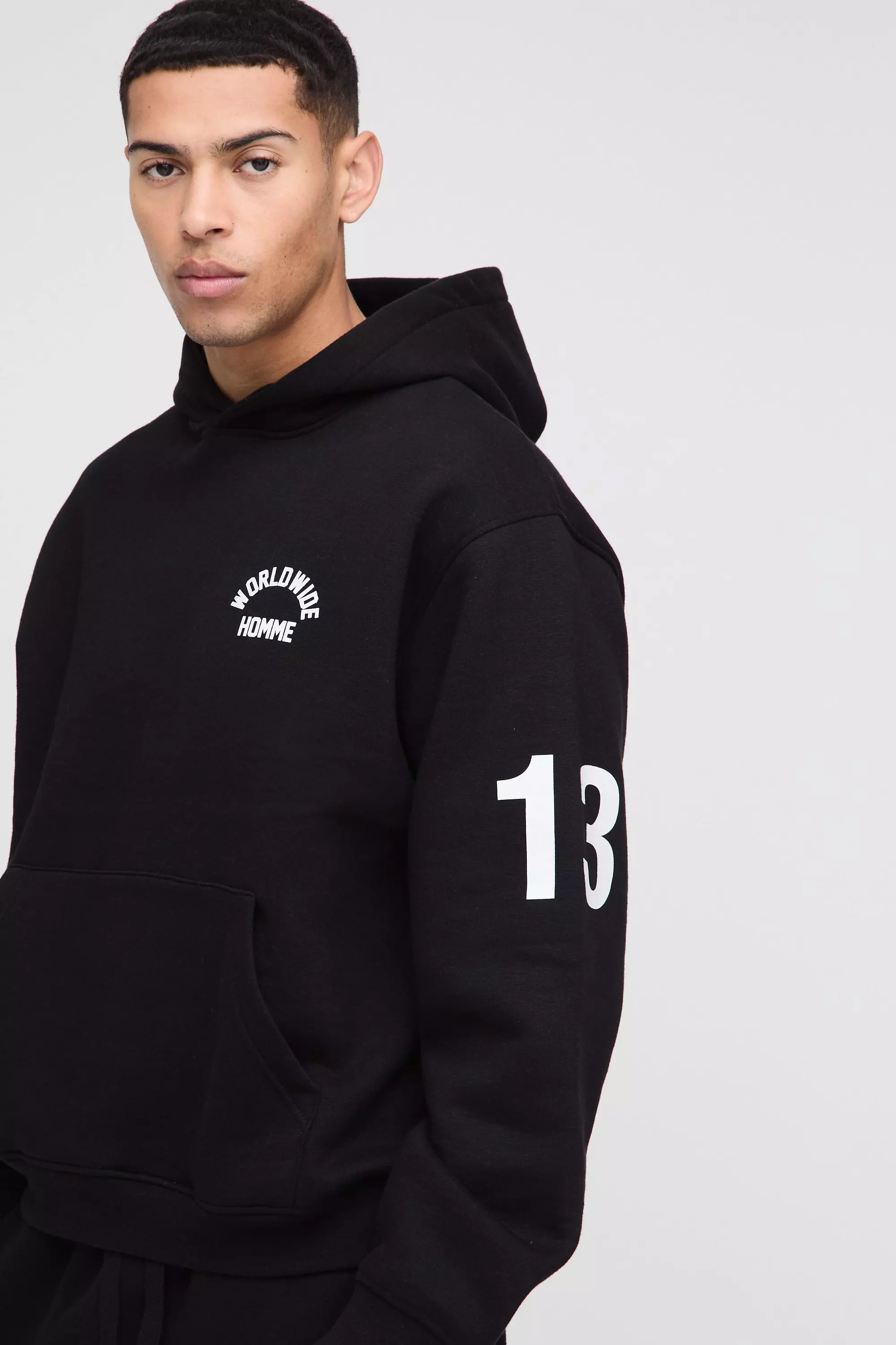 Oversized Boxy Worldwide Drop Crotch Hooded Short Tracksuit | boohooMAN UK