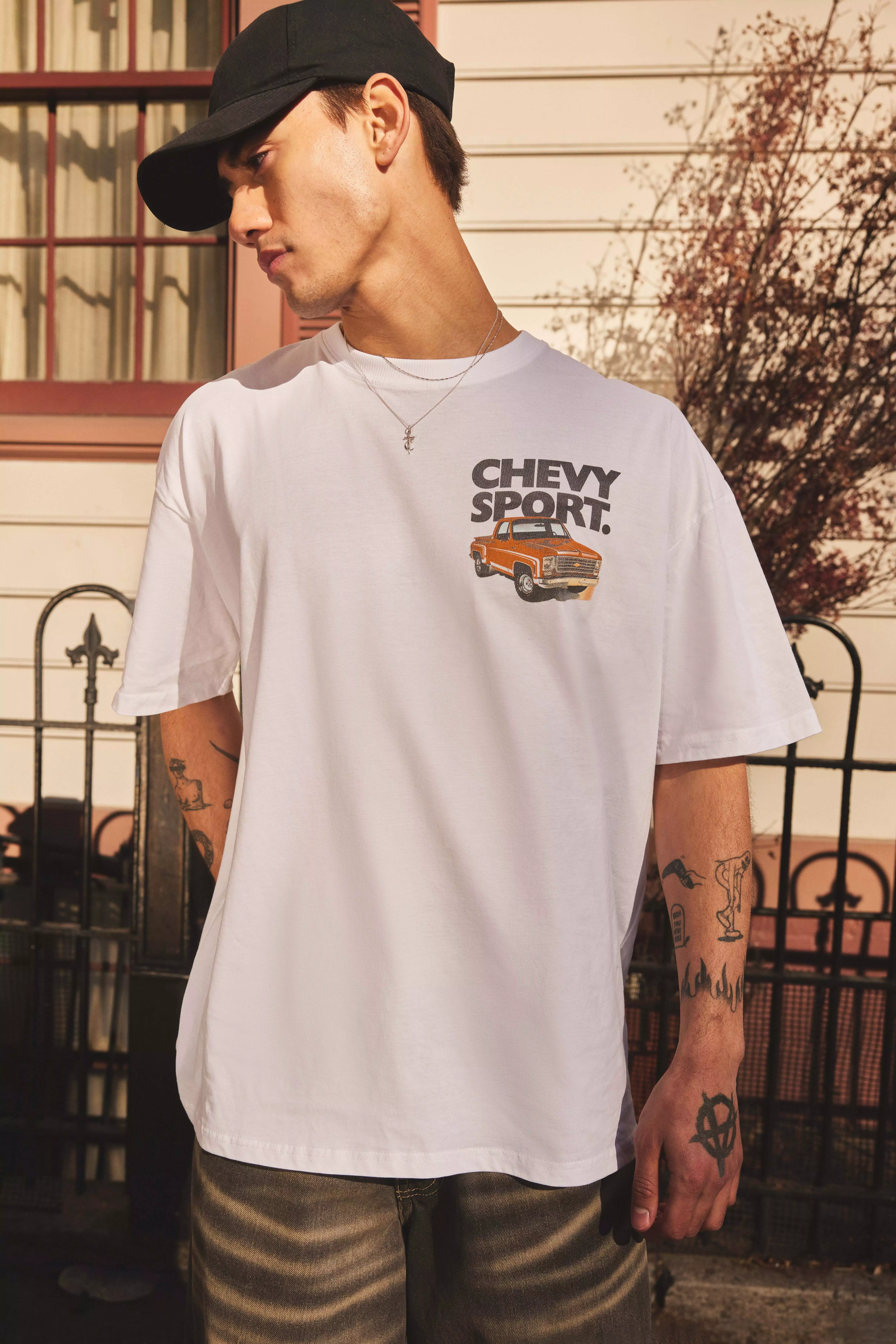 White Oversized Chevrolet Car License T-Shirt alternative image