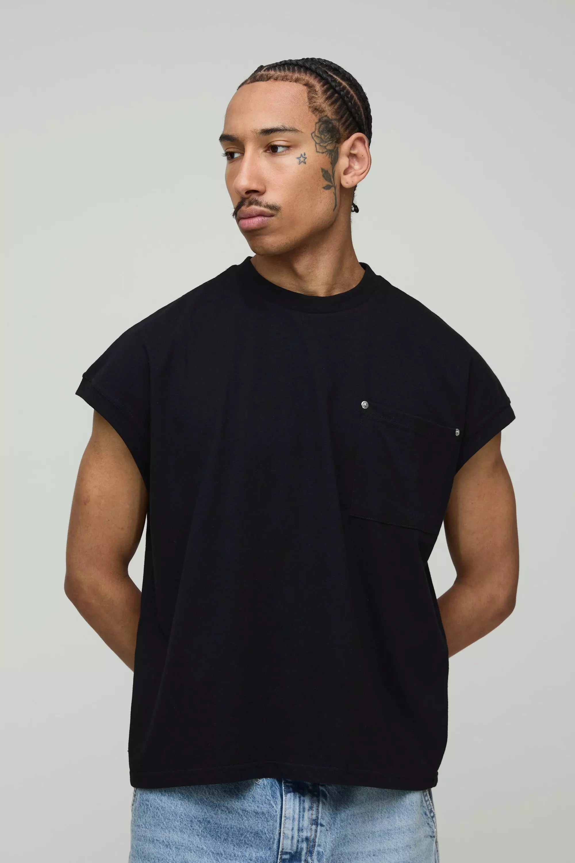 Black Oversized Dikke Boxy Drop Shoulder Tank Top alternatieve afbeelding
