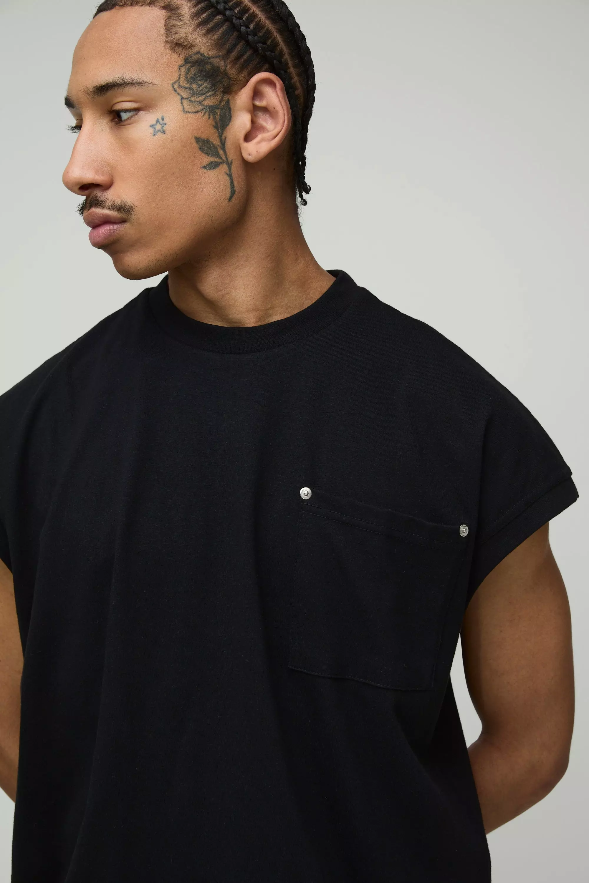 Black Oversized Dikke Boxy Drop Shoulder Tank Top alternatieve afbeelding